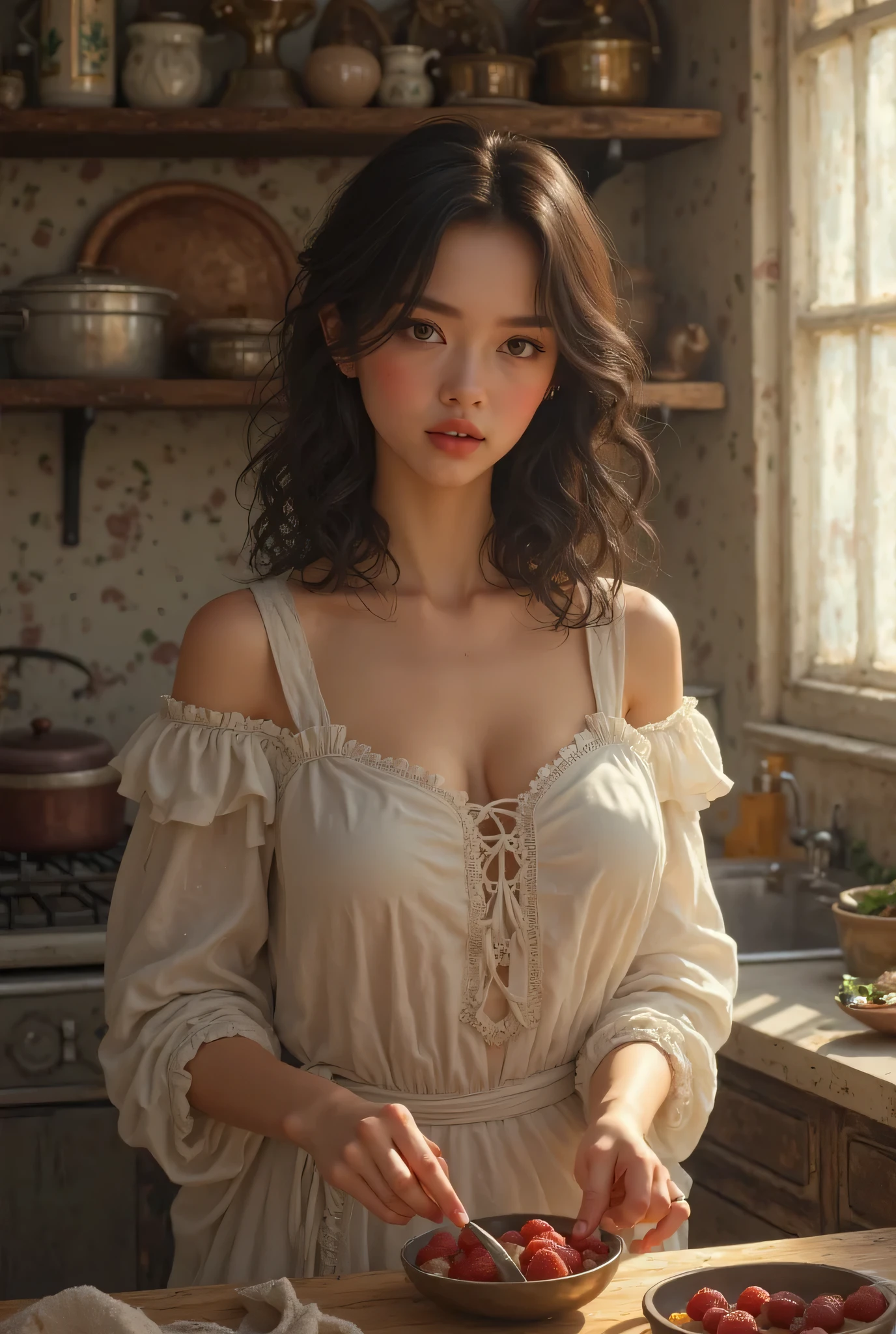 masterpiece, best quality, ultra-detailed, illustration,1girl, looking at viewer, best quality,depth of field,(opened mouth,light smile,hazel eyes:1.1),beautiful detailed glow , (apron:1.3),(hands behind back:1.3),(arms behind back:1.3),blaze (arknights),