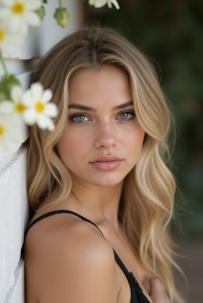 headshot of S399_SonaHolenakova,a gorgeous woman,in a (garden:1.1),wearing a (blouse:1.1),(ponytail:1.1),(4k, RAW photo, best quality, 50mm, depth of field, ultra high res:1.1),(intricate, photorealistic, cinematic-shot, masterpiece, ultra-detailed:1.1),