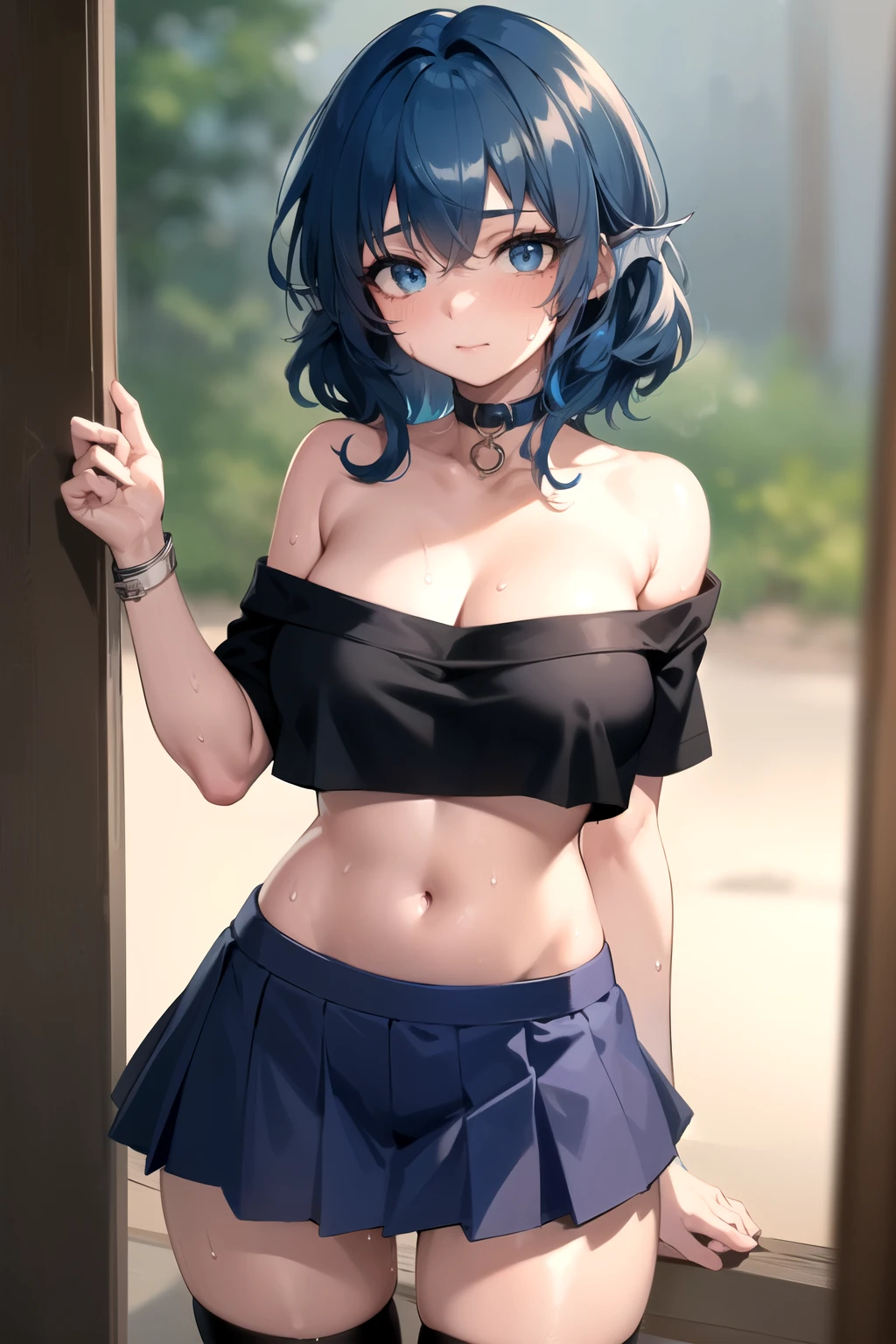 ((hyper super ultra detailed perfect piece)),illustration,masterpiece,(extremely detailed CG 8k),(very fine 8K CG) ,((1girl),(blue hair),(blue eyes),sparkling,(pixie cut),redhair ribbon,small breasts),wince,blue ogre,holding a Metal rod,cow horn,(((blue skin))),tiger print loincloth,cave,Pose looking into the distance,