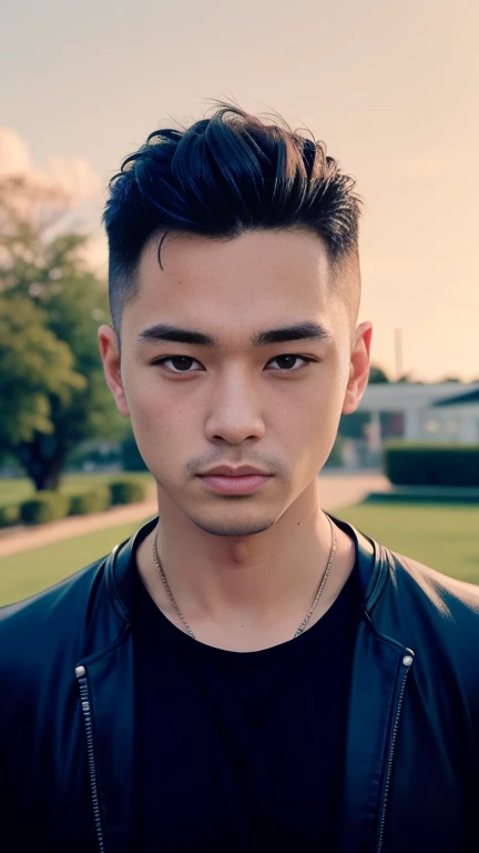 This image features a neon illustration of a young, stocky Asian man with undercut hair, holding a gun in his right hand. The man is decorated with various elements, including what appears to be a fluttering figure in the chest area of ​​the garment. The color palette consists of pinks and purples which create a striking visual effect.