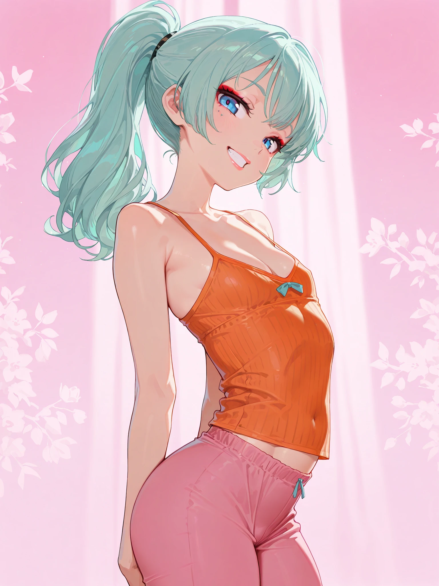 ((masterpice)), ((best qulity)), ((highres, absurdres)), ((detailed)), anime, 1girl, solo, arched back, , detailed face, thighs, small breasts, , , cleavage, orange camisole, pink pants, ponytail, aqua hair, , , head tilt, makeup, (country background, pink background), lips, naked, , grin, , looking at viewer, (sidelighting) , (sampler:::Euler a), , ,