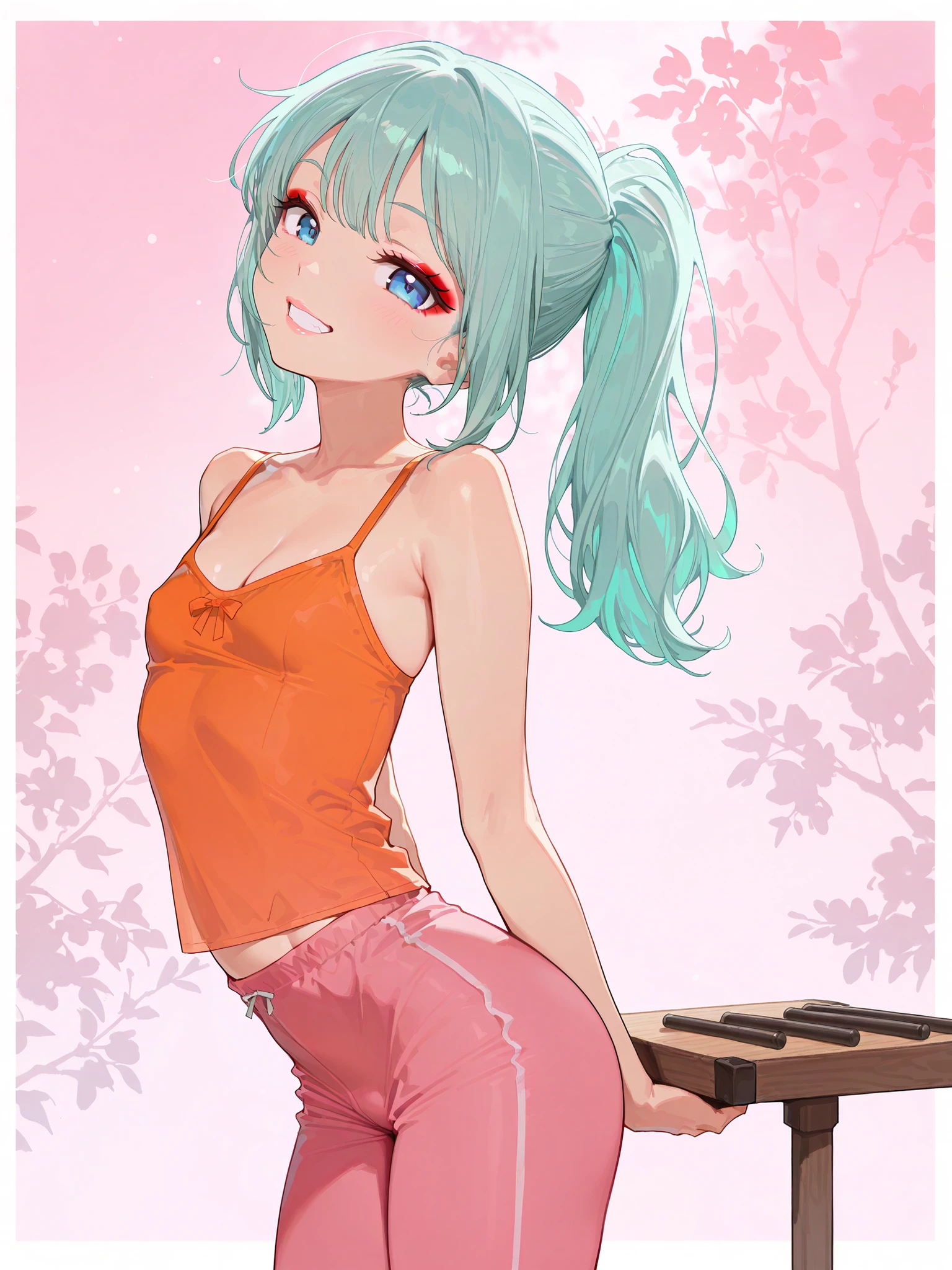 ((masterpice)), ((best qulity)), ((highres, absurdres)), ((detailed)), anime, 1girl, solo, arched back, , detailed face, thighs, small breasts, , , cleavage, orange camisole, pink pants, ponytail, aqua hair, , , head tilt, makeup, (country background, pink background), lips, naked, , grin, , looking at viewer, (sidelighting) , (sampler:::Euler a), , ,