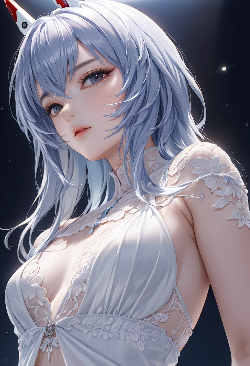 （（tmasterpiece，best quailty）），
San Luis\（luxurious wheels\） \（azur lane\）， High- sharpness， HighestQuali， illustratio， cinematric light， ultra detali， Detailed face， （Detailed eyes）， best quailty， ultra detali， tmasterpiece， （Detailed face），big covered breasts， hair adornments， 耳Nipple Ring， choker necklace， sportrait， silver lingerie， Clothing that exposes， higher detailed， glowing light eyes， （Hotel： 1.2）， sit on a bed， Sat down， Beds， janelas， nigh sky， The light from the back window is backlighted， llight rays， （highcontrast）， （a color），hugetits，cell phone
