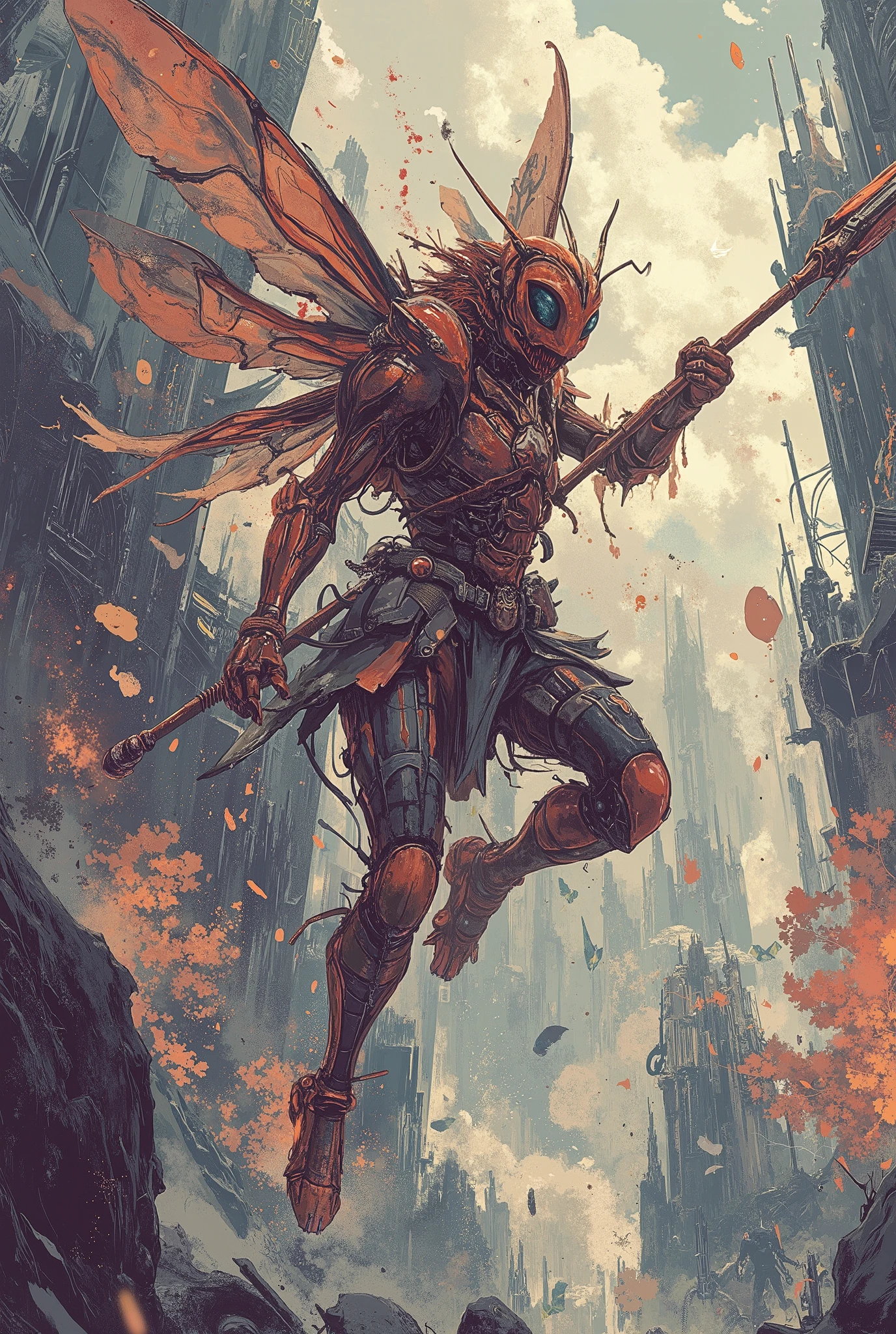 Wasp Warrior ,fantasy armor, masterpiece, Best quality, Super Detail,4K,flying, bright light in the background , extremely detailed 8k photo with very realistic presentation, dramatic lighting, kinematic composition, epic fantasy scene ,holds a spear,epic painting ,wallpaper,demonic