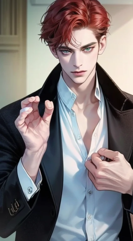 Masterpiece of man, Adult man with firm facial features like an Dutch, brown eyes, his nose is sharp, mature, brown eyes, neat short brown hair, there was a bite wound near his neck, very handsome, white, clean, smooth skin