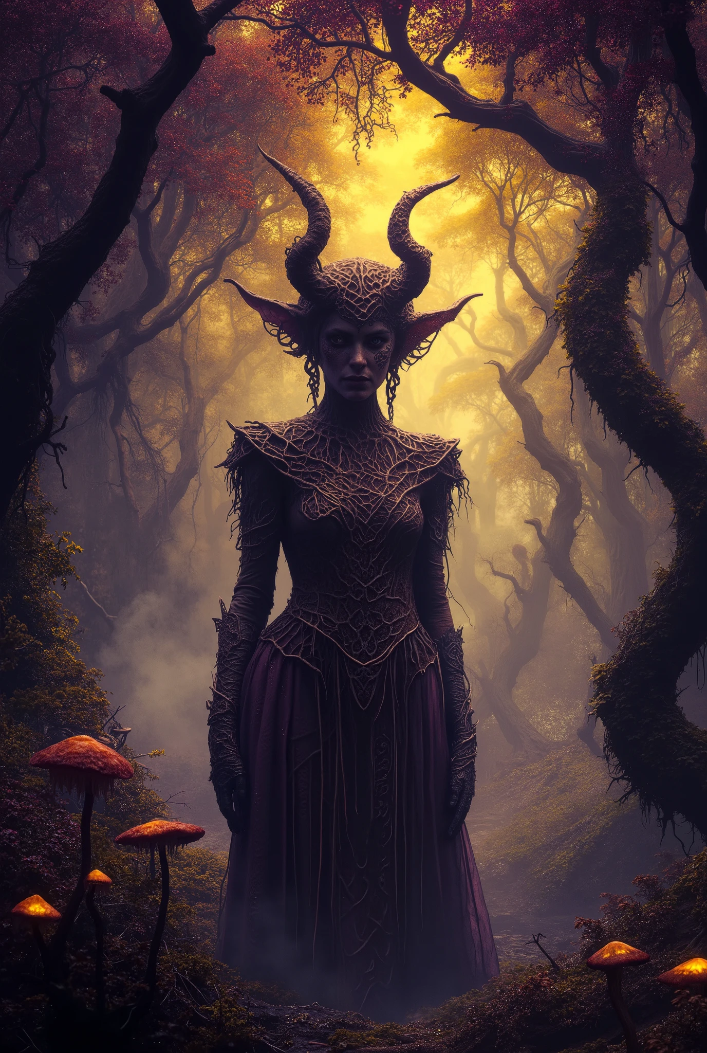 Dark fantasy concept art. Medium shot. A powerful sorceress stands amidst a mystical, ancient forest, surrounded by twisted, gnarled trees. Low angle shot. Greg Rutkowski style, with intricate, organic details. Soft, ethereal glow emanates from luminescent mushrooms. Twisted, thorny vines wrap around the sorceress's dark, ornate armor. Dynamic, volumetric lighting casts deep shadows. Deep, rich purple and yellow hues, reminiscent of Alphonse Mucha's art nouveau. Hyperdetailed, intricately textured, with subtle, atmospheric effects. Jordan Grimmer's dark, mystical atmosphere. Unreal Engine quality, 8k resolution, trending on Artstation.