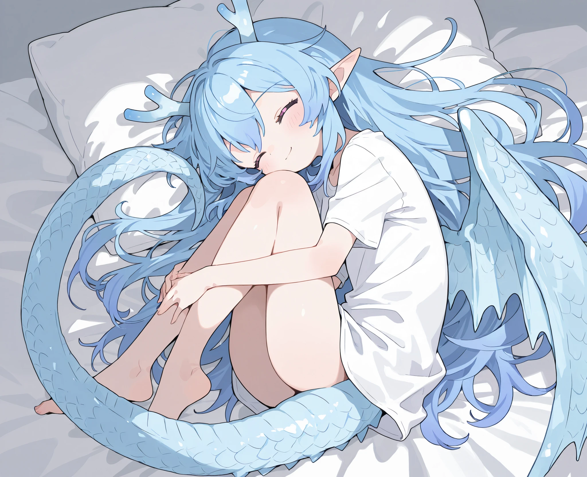 ice dragon in the form of a cute girl With a slight smile, very long blue hair, bright pink eyes, medium stature, with dragon horns on her temples and pointed ears on her head, big, blue dragon wings (covered in scales) and big, long blue dragon tail (covered in scales) behind her back, She is wearing a white T-shirt that is just above the knee. She sleeps in the bed. curled up in a Curled up. It's night outside, and her eyes are closed.