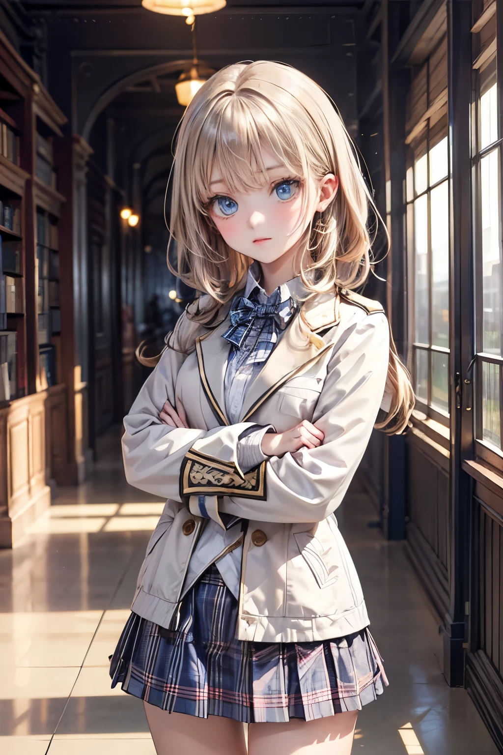 (masterpiece),(Highest quality:1.2),((perfect anatomy)),(( cross your arms a little)),(1 girl),(flat chest),Highest quality,(royal blue white plaid mini skirt:1.3),(uniform, short jacket ),( long pink gold hair), beautiful detailed blue eyes ,(((beautiful))), In The Library Hallway , DESPERATE Visual Impact , like hugging the sky,natural light,description border depth
