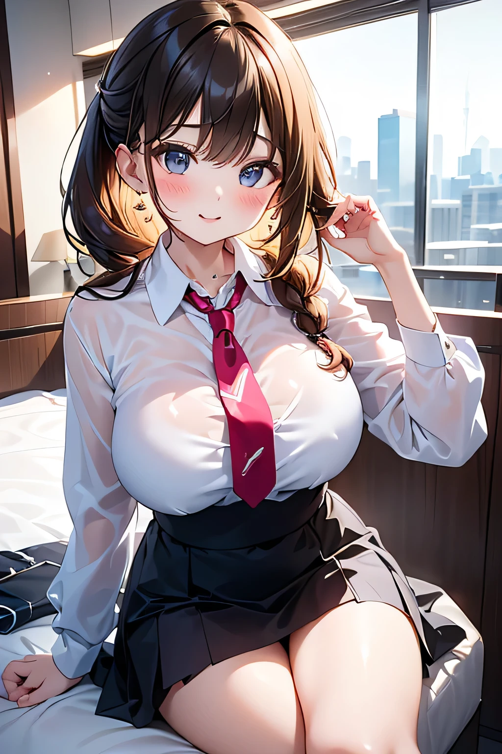 masutepiece,Best Quality,ultra-detailliert,8K,tall,Big female,huge-breasted,(bra wear）,年轻,20 years old,Medium Hair,Wavy Hair,Brown hair,hair clips,lightsmile,blush,tusk, POV, Fisheye,(Panties:1.1), School uniform,(open-shirt）, crass room, From below, Dynamic Angle, School Desk, school chair, Sitting, Spread legs, Skirt, view through desk, viewed from under desk, lightsmile,