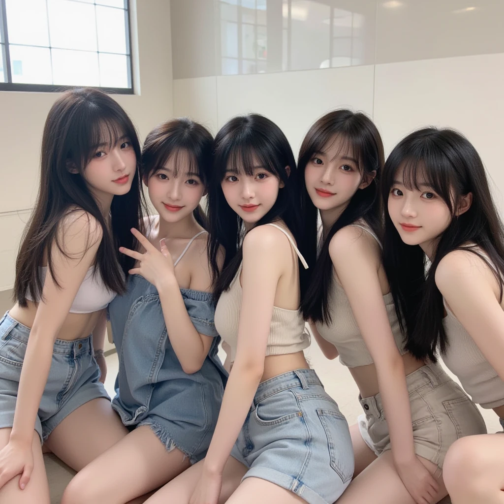 hot pants、Seductive smile、Supermodel、Perfect build、Muchimuchi、Three girls are looking at the viewer、　3 girls、、beautiful feet、smile、black sister、short ruffle skirt、