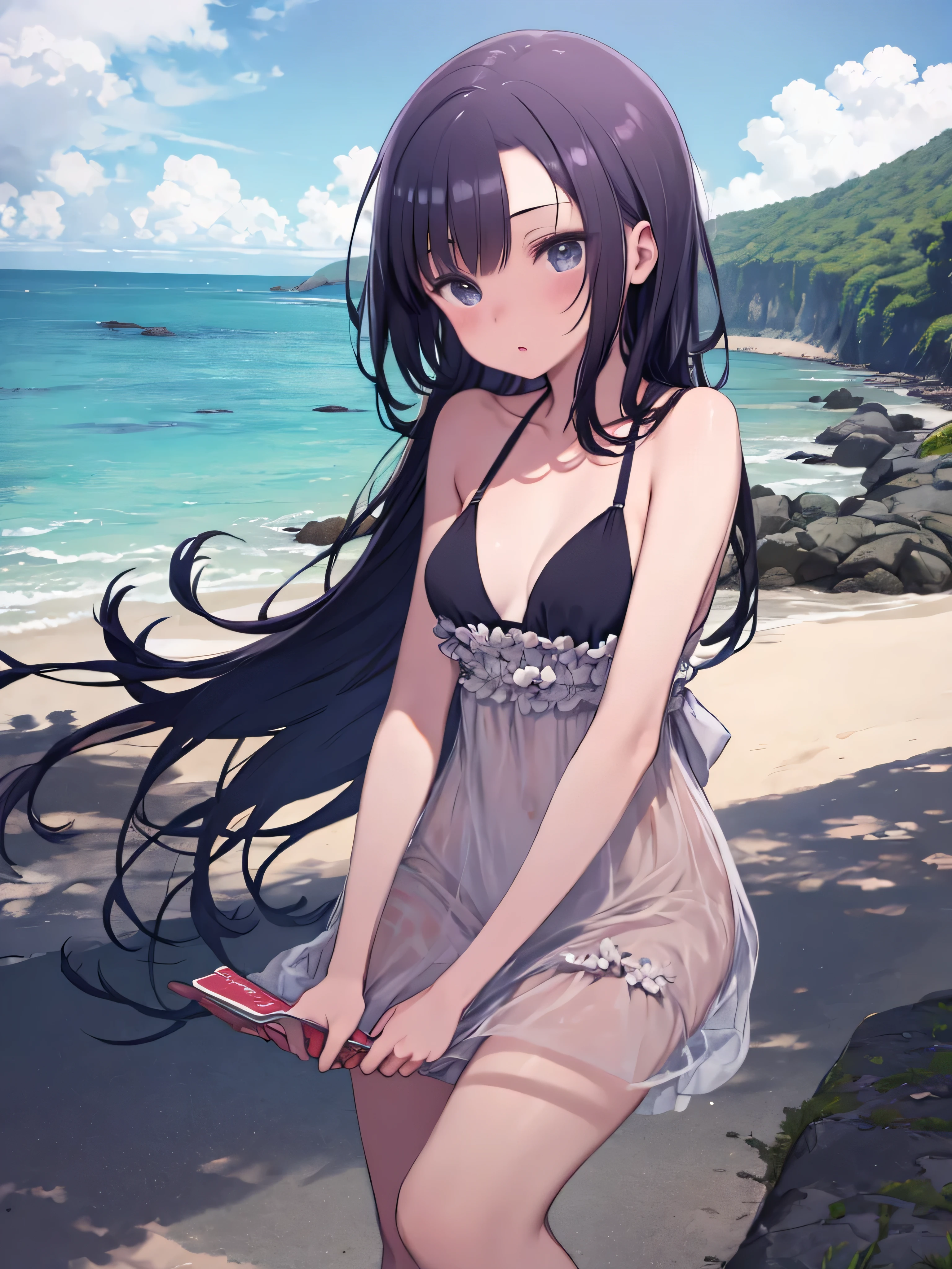 ((2D beautiful girl、top-quality、Perfect fingers:1.1、perfect anatomia:1.1、Dress perfectly、face perfect：1.1、Watercolor style))、(transform sequence)、((cute decorative headbands)、cute white and black swimsuit、14years、Solio、hime、Fractal Art、baby-face、((stright long hair))、(Thin and beautiful legs)、Beautiful big drooping eyes、（full body photographed：1.1、Zoom out and shoot）、((1 persons))、Blue sky and sea background、Cat's ears、A smile