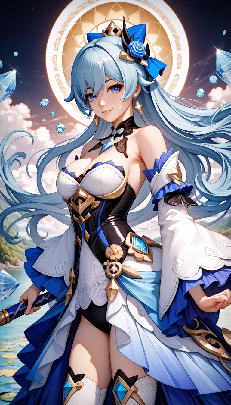 Pretty girl、A charming smile、Blue Long Hair、Engaging pose、Blue and white costume、Fantasia、Crystal jade、constellation、a moon、Fantastic background