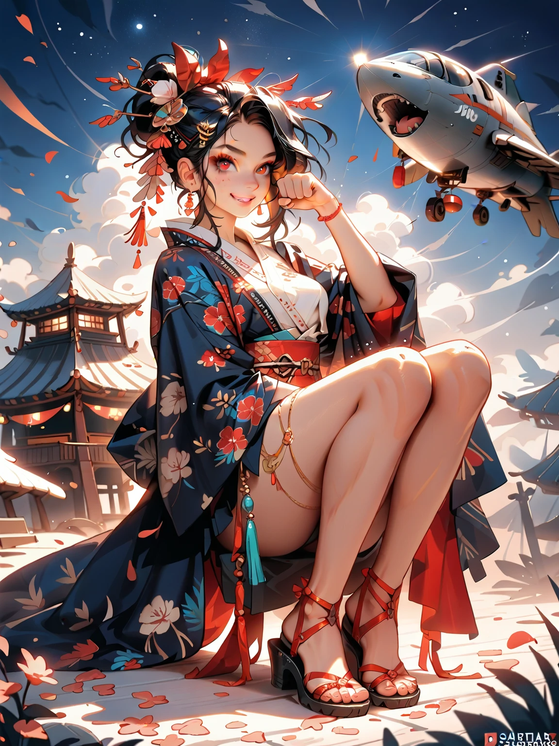 Official Art, Unified 8K Wallpapers, Ultra Detailed, Beautiful and Aesthetic, Masterpiece, Best Quality, (Zentangle, Tangle, Entangle), (fractal art: 1.4), 1girl, ball head, twist braid, Chinese, kimono, exposed milk, f-cup, beautiful legs, very detailed, dynamic angle, cowboyshot, (most beautiful form of chaos), flowing, (bright colors), oc, sitting on a futon, china, (thangka flying sky: 1.5), (ribbon: 1.3), (dream: 1.5), (smile: 0.5), (Chinese deity), big eyes