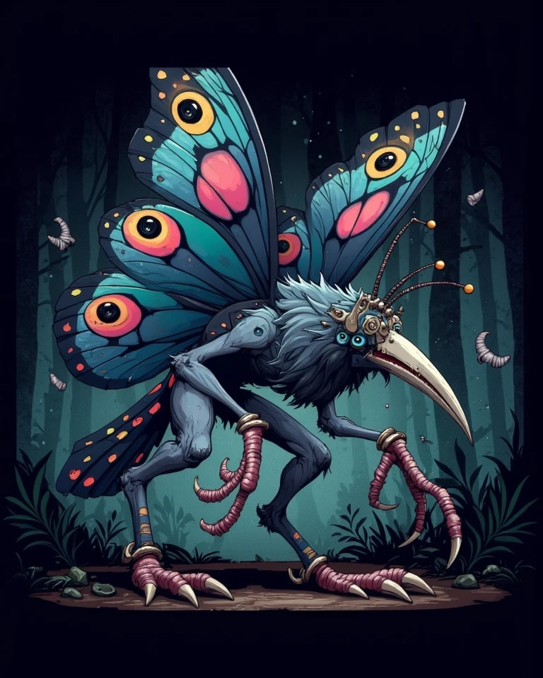 hyper detailed masterpiece, dynamic, awesome quality, Inkstains male mothman, cryptid creature, humanoid, large moth wings, reflective red eyes, feather covered body, dark colors, tall imposing stature, foretelling disaster, commanding,programmed,labor,quiet living,mossy ground,simulated reality,specialized units,content,corroding , <lora:SDXLInkStains:1>