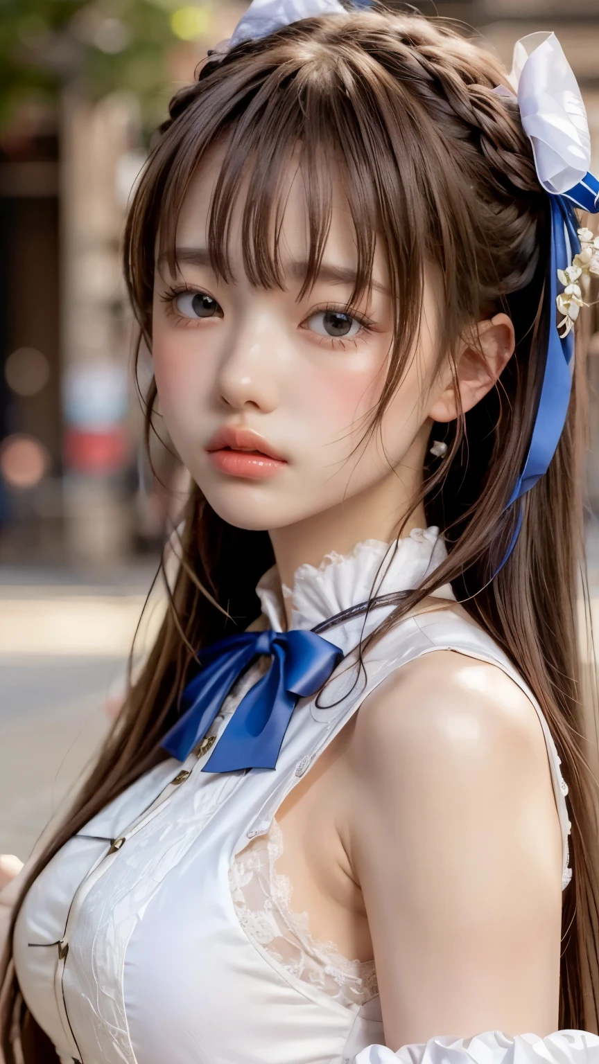 ((masterpiece)),(Highest quality),Official Art,very delicate and beautiful,Very Detached CG, Unity 8K Wallpaper , super precise,beautiful detail eyes,Highly detailed faces,outdoor,1 girl,Alone,upper body,(Portrait:1.5),viewers,facing viewer,smile,,stupid hair,very long hair, blond hair, hair bow, blue ribbon, single blade,hair bow, Blue Bow ,hair incorporation,floating hair,side lock,hair between eyes,bangs, blue eyes,white shirt, short dress ,white dress,sleeveless dress,detachable sleeves,fingerless gloves,Big Breasts,Underbust,Zettai Ryoichi , Thigh Boots , white shoes