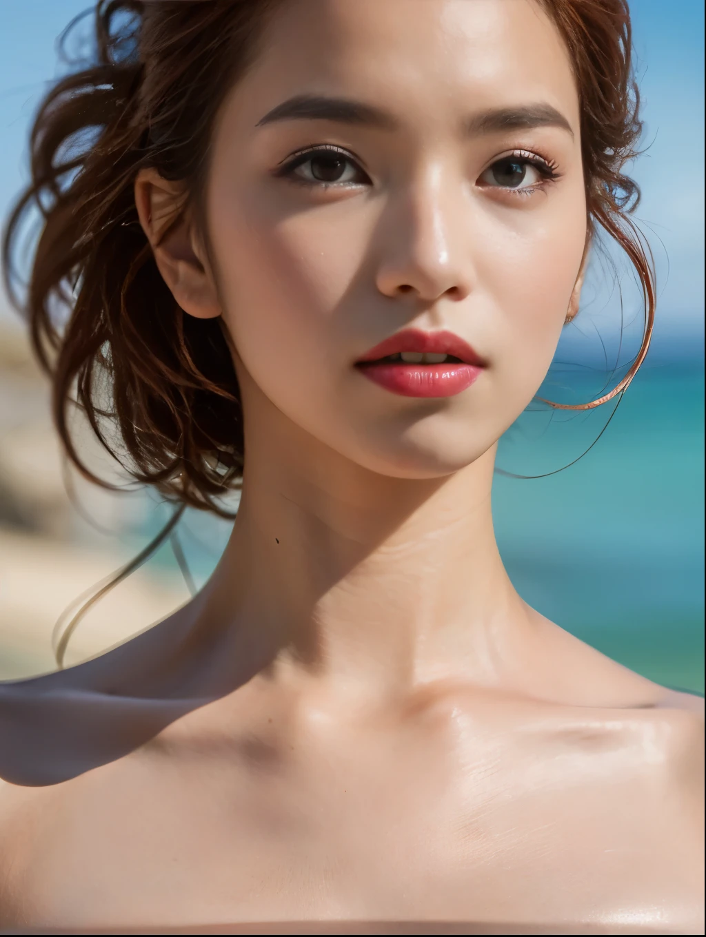 a close up of a woman in a bikini top on a beach, (8k, best quality, masterpiece:1.2), (realistic, photo-realistic:1.37), best quality, masterpiece, unity, an extremely delicate and beautiful, extremely detailed, Amazing, finely detail, masterpiece, best quality, official art, absurdres, incredibly absurdres, huge filesize, ultra-detailed, highres, extremely detailed, beautiful detailed girl, extremely detailed eyes and face, beautiful detailed eyes, light on face, face ring light, pink lipstick, 18 years old, ((red copper bikini:1.3)), detailed clothes, ((mahogany straight hair:1.25, beautiful detailed hair, pulled back hair)), slender, abs, ((huge breasts:1.27)), ((narrow waist:1.05)), (look back:1.15), (thrust out one's hip:1.25), sunset sandy beach background:1.25, bokeh, depth of field,