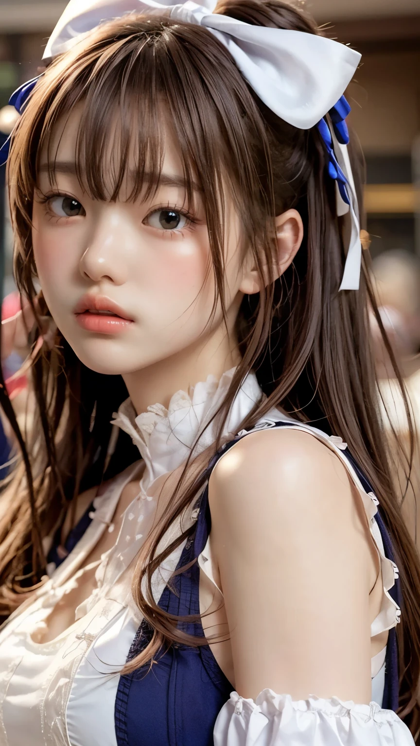 ((masterpiece)),(Highest quality),Official Art,very delicate and beautiful,Very Detached CG, Unity 8K Wallpaper , super precise,beautiful detail eyes,Highly detailed faces,outdoor,1 girl,Alone,upper body,(Portrait:1.5),viewers,facing viewer,smile,,stupid hair,very long hair, blond hair, hair bow, blue ribbon, single blade,hair bow, Blue Bow ,hair incorporation,floating hair,side lock,hair between eyes,bangs, blue eyes,white shirt, short dress ,white dress,sleeveless dress,detachable sleeves,fingerless gloves,Big Breasts,Underbust,Zettai Ryoichi , Thigh Boots , white shoes