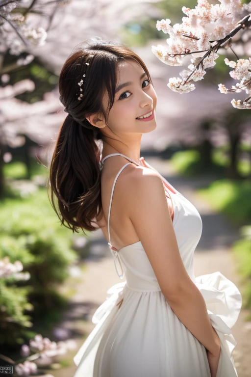 (highest quality, 8k, High resolution, masterpiece:1.5, ), beautiful japanese girl, 18-year-old, perfect human anatomy, big magic eyes, Smile, shiny brown hair, beautiful side ponytail, asymmetrical bangs, smooth and soft skin, white sexy bridal dress, fine silk fabric, Detailed and perfect clavicle, skirt fluttering in the wind, High resolutionの美しい胸元, ((plump breasts)), High resolutionの美しい太もも, (Colorful petals dance across the screen:1.3), beautiful nemophila field, spring sunshine, blue sky, sparkling light effect, professional lighting, professional photographer, professional model