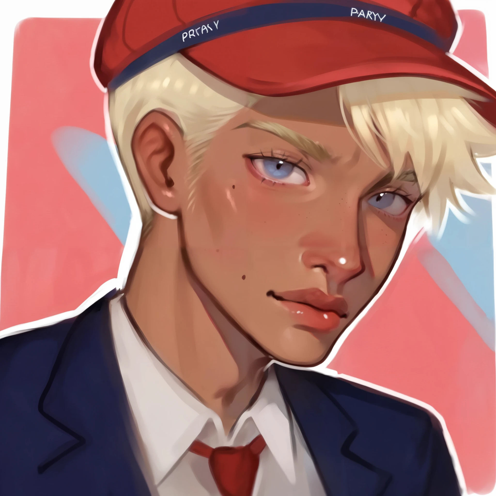 1boy,face,blonde hair,short hair,tan skin,blue eyes,blue suit,red hat,puririkaaa_style,
