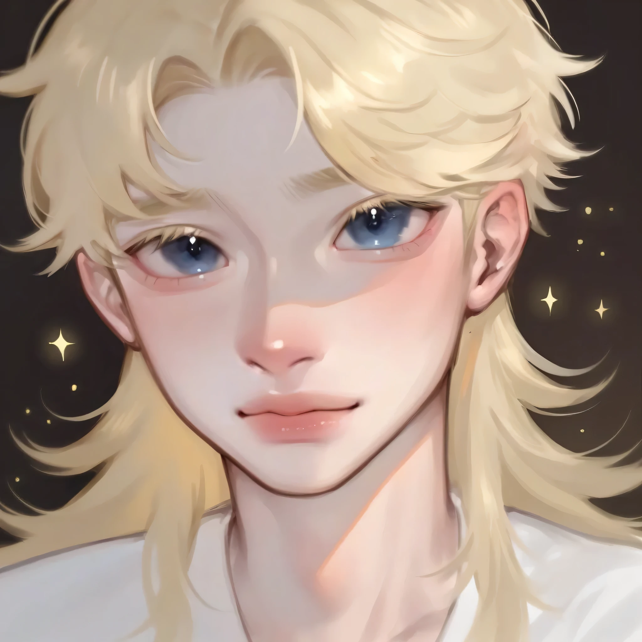 1boy,face,smile,blonde hair,long hair,pale skin,blue eyes,white tunic,puririkaaa_style,