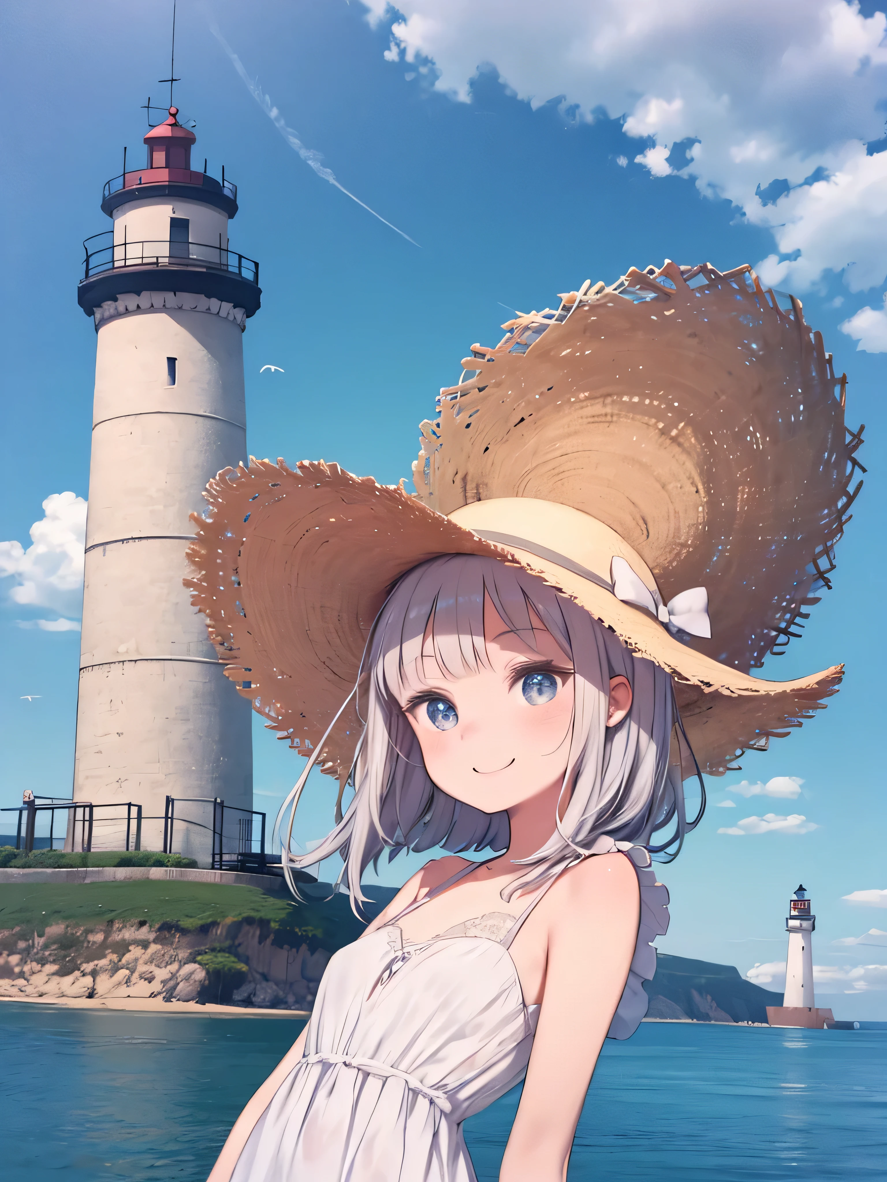 Woman with the lighthouse in the background、 angle from below、white dress、Hair Fluttering in the Wind、cute、 Straw Hat、smiles、 upper body、