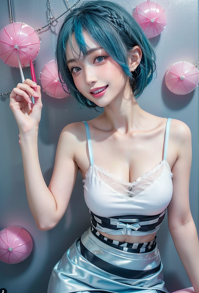 arafed woman in a white top and white mini skirt posing for a picture, photo of slim girl model, fantasy photoshoot, gorgeous young model, blue hair, ((ombre)), ((smile)), huge breast, smile, Masterpiece, Best quality, 8k, 18 years old, Raw photo