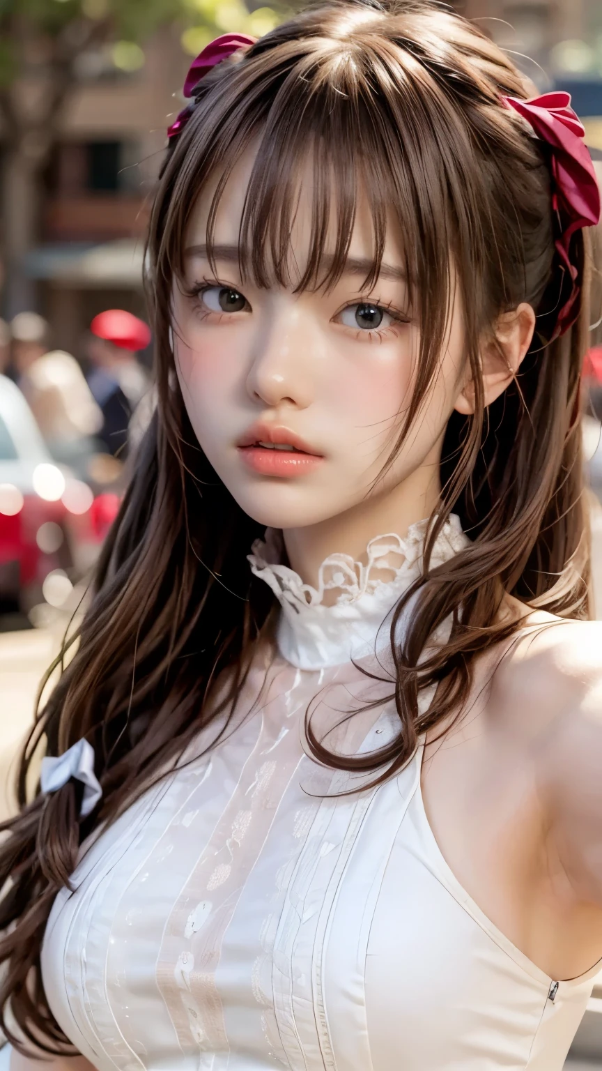 ((masterpiece)),(Highest quality),Official Art,very delicate and beautiful,Very Detached CG, Unity 8K Wallpaper , super precise,beautiful detail eyes,Highly detailed faces,outdoor,1 girl,Alone,upper body,(Portrait:1.5),viewers,facing viewer,smile,,stupid hair,very long hair, blond hair, hair bow, blue ribbon, single blade,hair bow, Blue Bow ,hair incorporation,floating hair,side lock,hair between eyes,bangs, blue eyes,white shirt, short dress ,white dress,sleeveless dress,detachable sleeves,fingerless gloves,Big Breasts,Underbust,Zettai Ryoichi , Thigh Boots , white shoes