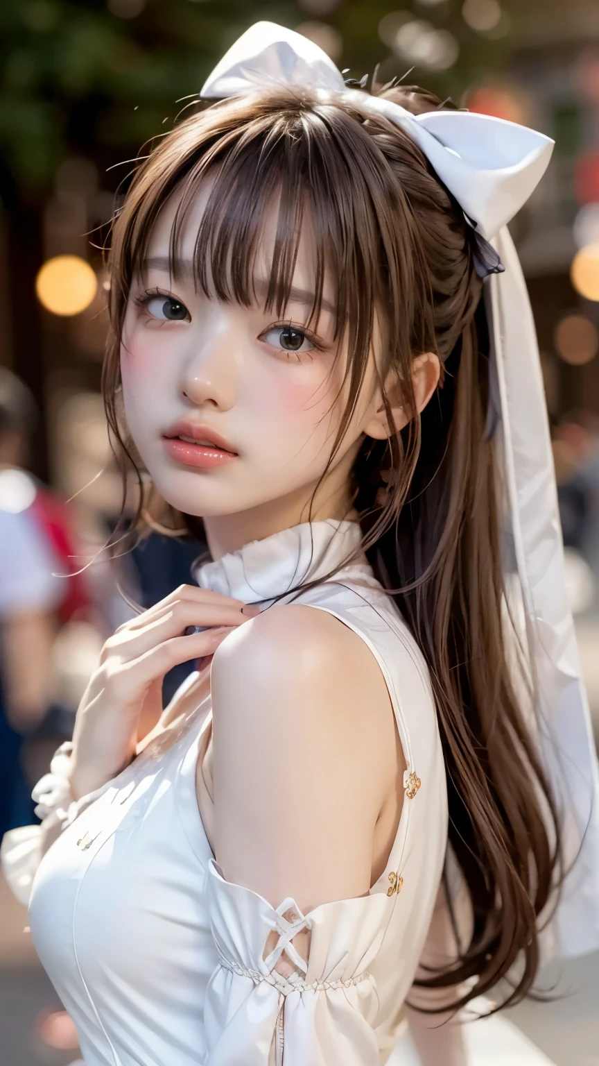 ((masterpiece)),(Highest quality),Official Art,very delicate and beautiful,Very Detached CG, Unity 8K Wallpaper , super precise,beautiful detail eyes,Highly detailed faces,outdoor,1 girl,Alone,upper body,(Portrait:1.5),viewers,facing viewer,smile,,stupid hair,very long hair, blond hair, hair bow, blue ribbon, single blade,hair bow, Blue Bow ,hair incorporation,floating hair,side lock,hair between eyes,bangs, blue eyes,white shirt, short dress ,white dress,sleeveless dress,detachable sleeves,fingerless gloves,Big Breasts,Underbust,Zettai Ryoichi , Thigh Boots , white shoes