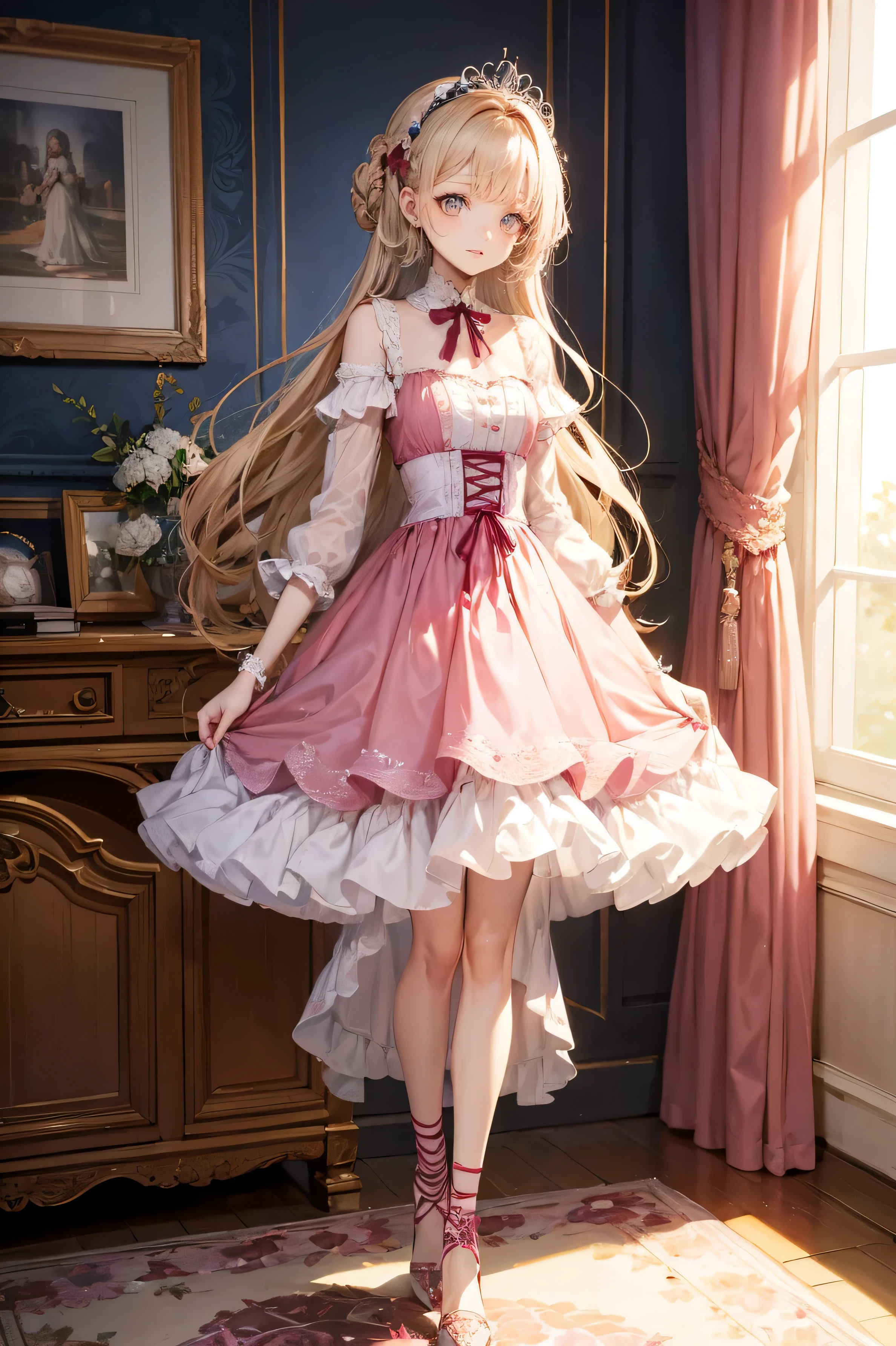 (Highest quality,4K,High Resolution,masterpiece:1.2),very well detailed,realistic:1.37,,、(( pink dress )), ultra-realistic photo of a girl in a stately light pink and gold ballroom dress, Big beautiful dress, full of ruffles and rhinestones、intricate and voluminous ball gown (Highest quality, table top, art station, fantasy art :1.2), Beautiful cute girl, (Long Blonde Curly:1.1), (Exquisite gold short skirt, full body shot )、 anime style、story、、beautiful girl、Very cute angel、 pink gothic dress 、cute、、smile、I love long skirts、, black long boots 、Highest quality, masterpiece, 最High Resolution, artwork, super それにGet used to it, many Get used to it, Get used to it, それにGet used to it, woman, ,((pink victorian luxury ball gown)),Long Dress, dresses with lots of ruffles and bows .. with a tiara on her head ,luxury,1 person, Pink Brown Hair ,pink eye、Pink World,( Girl in Pink Princess Skirt ),pink hair,pink bedroom layout,pink bed, Pink Mosquito Net ,Pink furniture, Hardcore BDSM Style ,([ " tangled , Mandala, Tangle, enTangle:0.6),(Make art), most beautiful chaotic shape ,Beast Design, behind, pink high heels,perfect hands,
high detail, high definition model, very detailed, ,