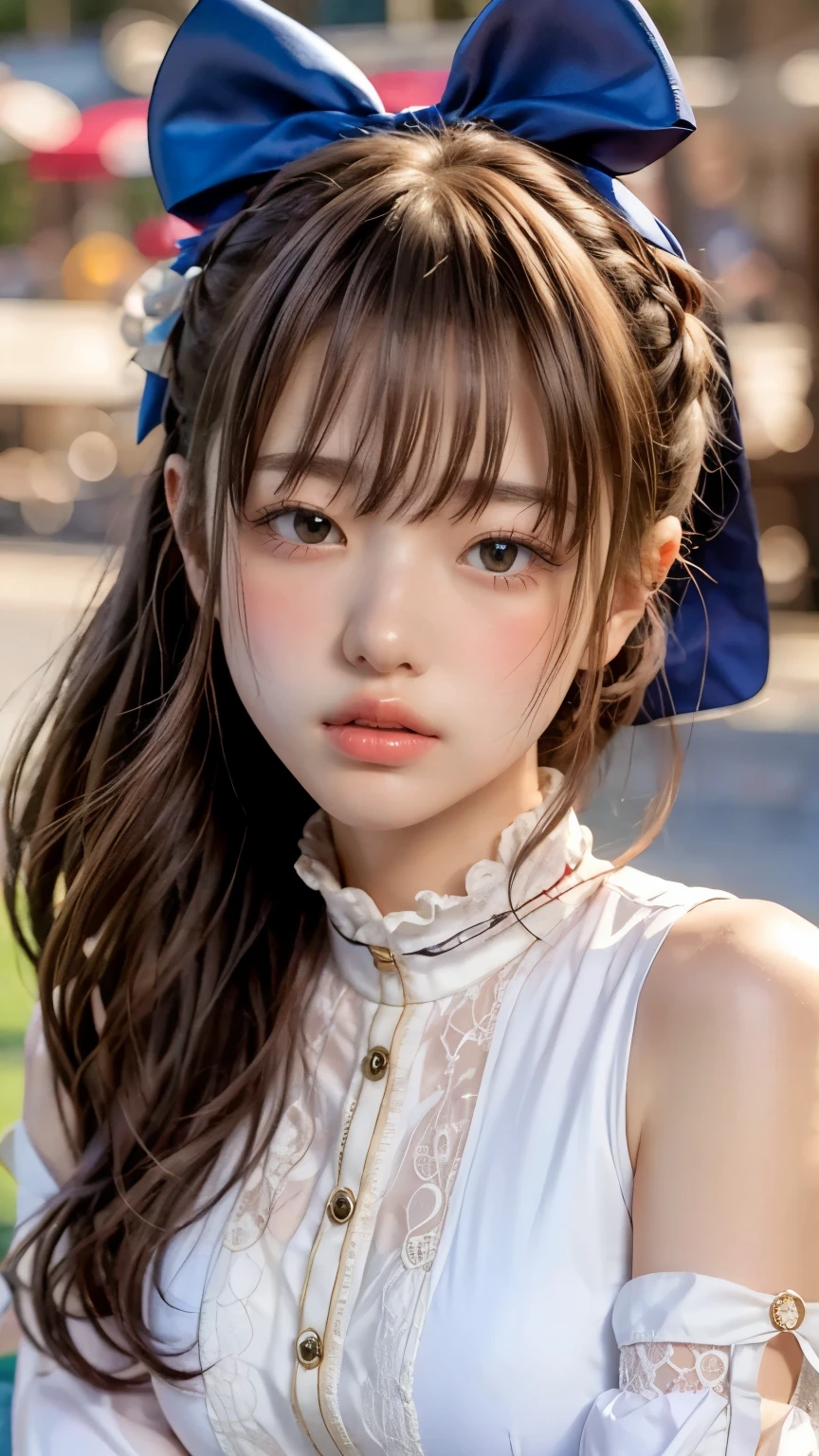 ((masterpiece)),(Highest quality),Official Art,very delicate and beautiful,Very Detached CG, Unity 8K Wallpaper , super precise,beautiful detail eyes,Highly detailed faces,outdoor,1 girl,Alone,upper body,(Portrait:1.5),viewers,facing viewer,smile,,stupid hair,very long hair, blond hair, hair bow, blue ribbon, single blade,hair bow, Blue Bow ,hair incorporation,floating hair,side lock,hair between eyes,bangs, blue eyes,white shirt, short dress ,white dress,sleeveless dress,detachable sleeves,fingerless gloves,Big Breasts,Underbust,Zettai Ryoichi , Thigh Boots , white shoes