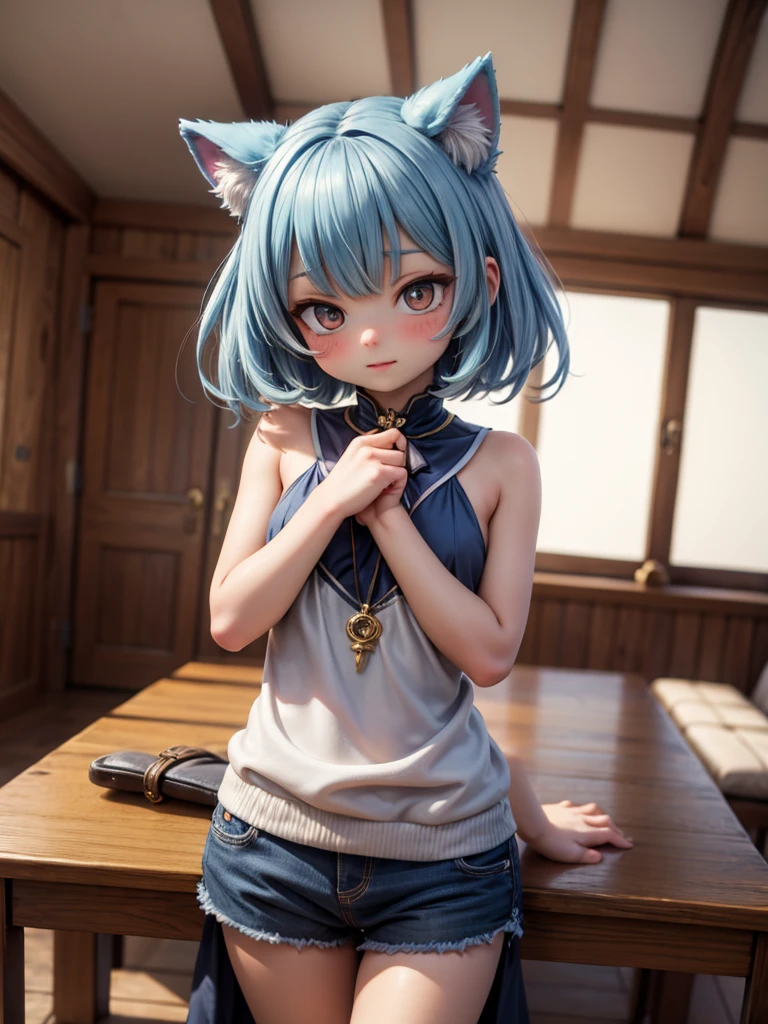 Strengthen weight| {}, don't look at the camera|looking away, sky blue|azure, sky-bluehair, purple|purple panties (front color)|panties, bracelets/handcuffs|cuffs/shackles, nosebleed|nosebleed|cat's claw gesture|cat_pose, loli|loli, training ground|training course,