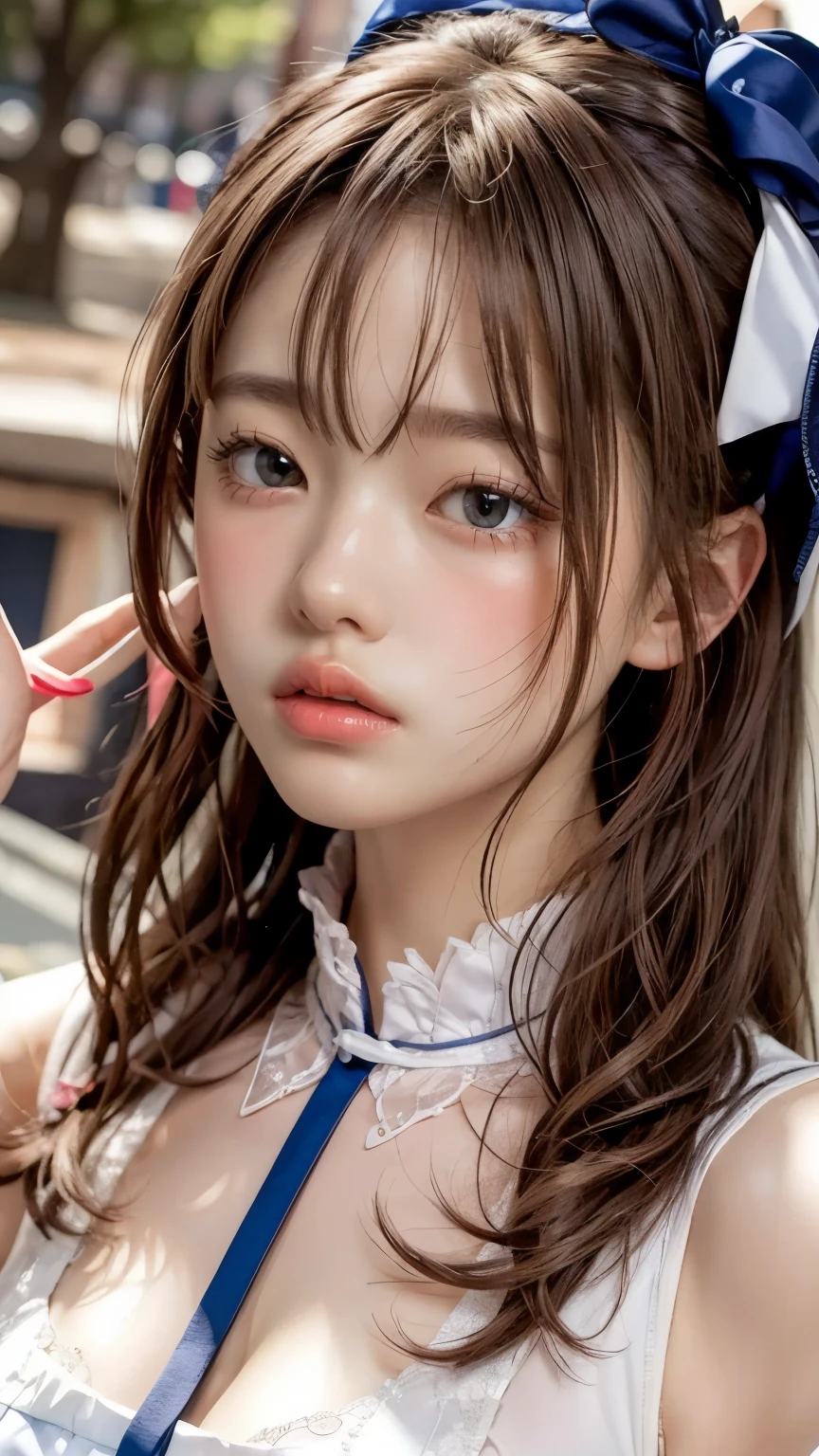 ((masterpiece)),(Highest quality),Official Art,very delicate and beautiful,Very Detached CG, Unity 8K Wallpaper , super precise,beautiful detail eyes,Highly detailed faces,outdoor,1 girl,Alone,upper body,(Portrait:1.5),viewers,facing viewer,smile,,stupid hair,very long hair, blond hair, hair bow, blue ribbon, single blade,hair bow, Blue Bow ,hair incorporation,floating hair,side lock,hair between eyes,bangs, blue eyes,white shirt, short dress ,white dress,sleeveless dress,detachable sleeves,fingerless gloves,Big Breasts,Underbust,Zettai Ryoichi , Thigh Boots , white shoes