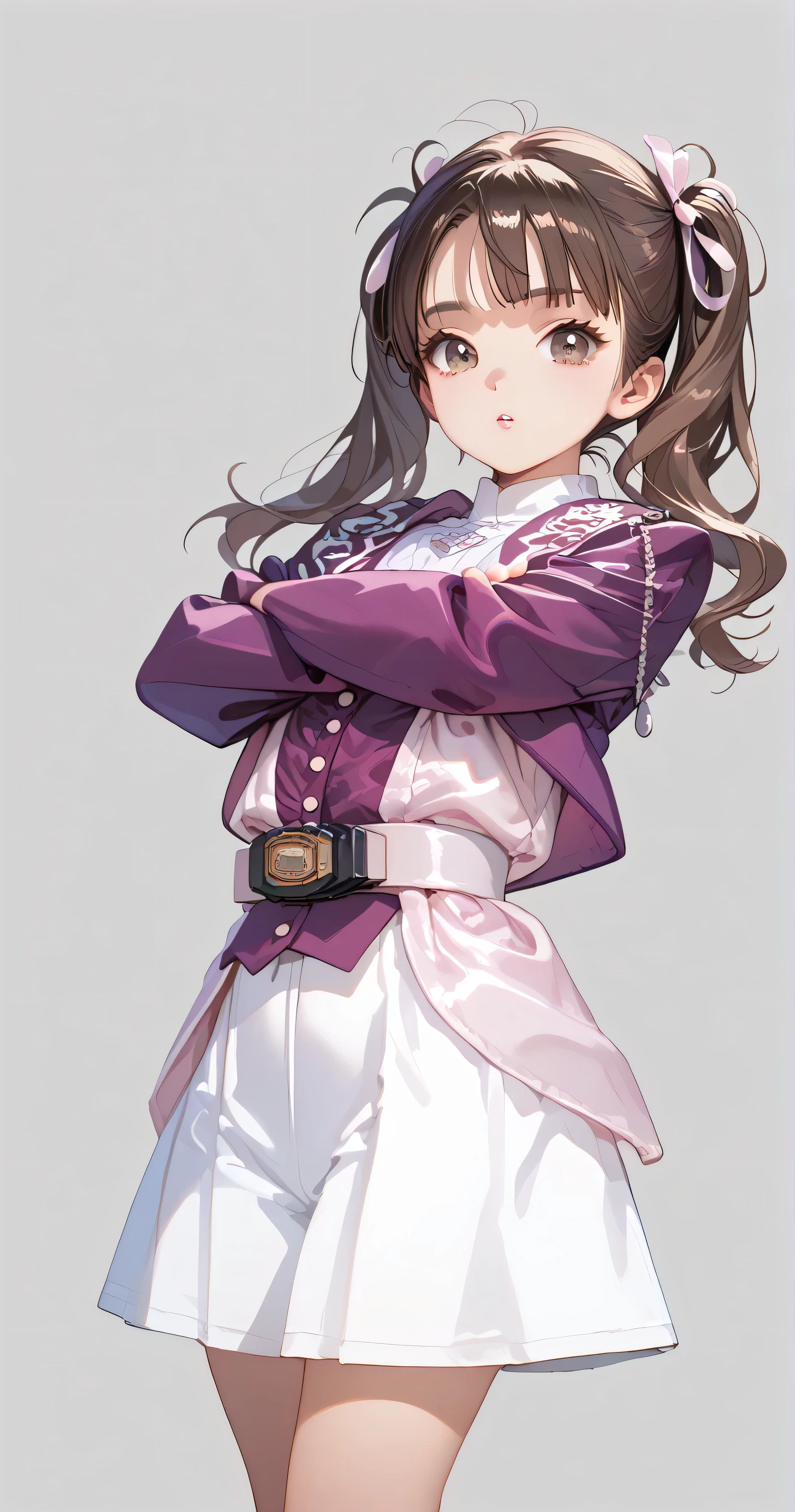 (High-definition CG), (Highest quality),((Viewpoint from directly above)), (( grey background)),((A composition that captures the whole body)),((Lower your arms)),(( straight)),(( 1girl )),Perfect Face, shiny skin , wide hips, thin waist, purple bolero jacket, Long Sleeve, ((white skirt)), pink belt , ((brown hair)),((Straight Hair)),