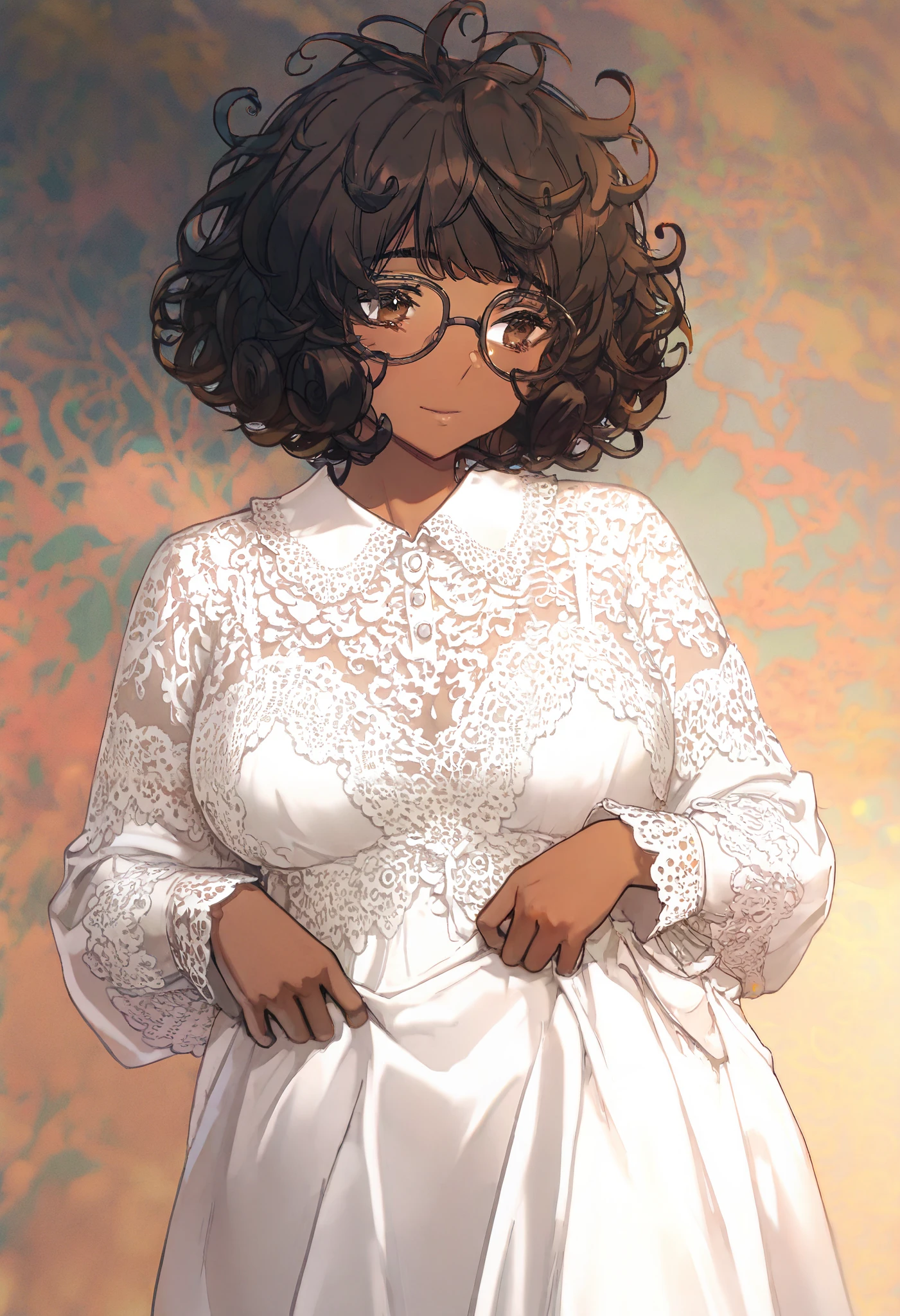 1lady, adult, elder woman, african woman, (black hair, short hair curly hair curly bangs, messy hair, dark brown skin tone, brown Eyes, glasses long lose white dress nightgown dress), Long sleeve, lace, white lace dress, dress collar, colorful, HD, very aesthetic, very aesthetic, messy hair, curvy,