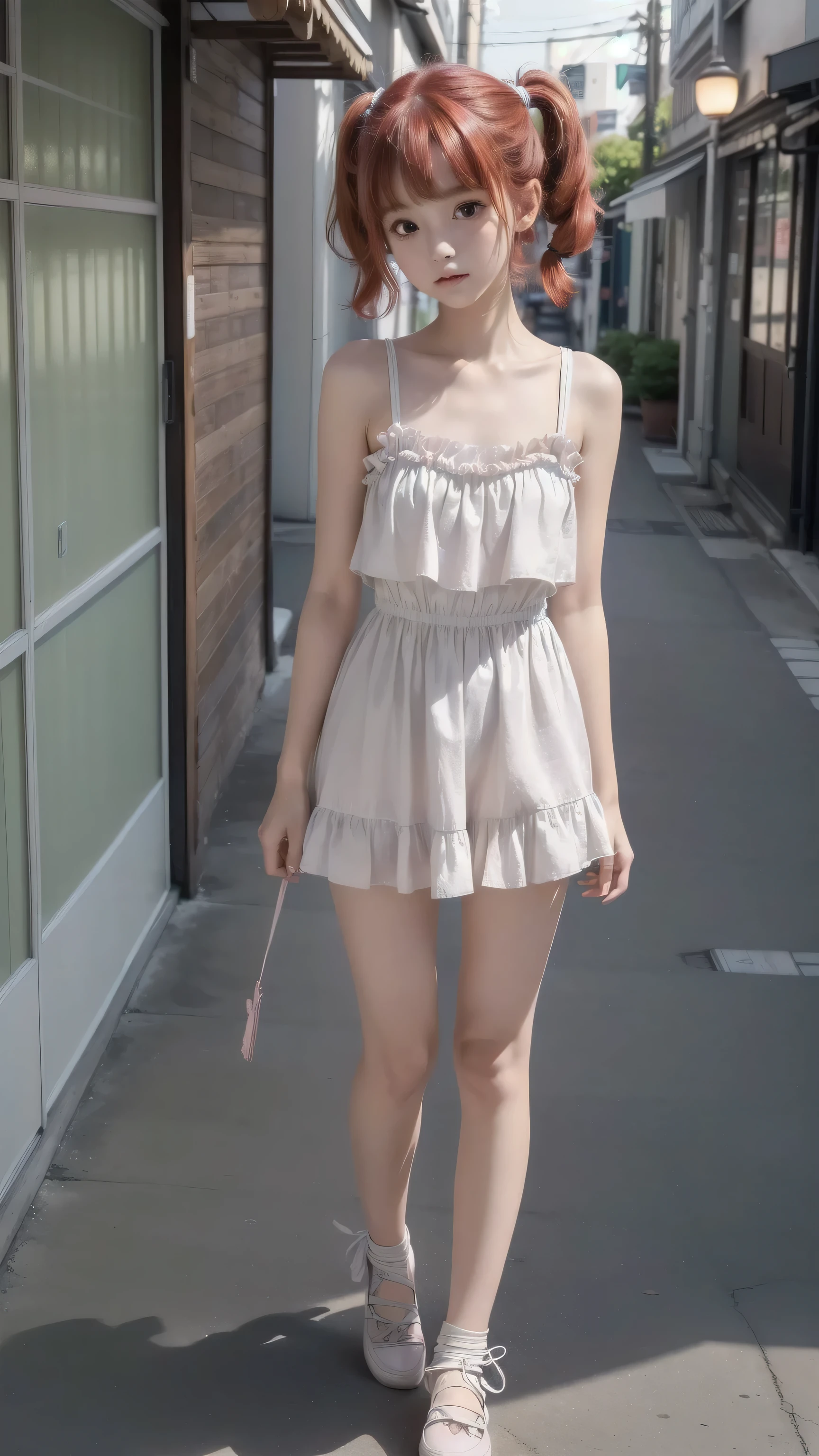 A full body photograph shows a woman, blonde hair, blue eyes, muscular body, freckles face, wearing a flowered cute puffy dress, two pigtail hairstyle, small shoulder, slim waist, wide hips, thick legs,