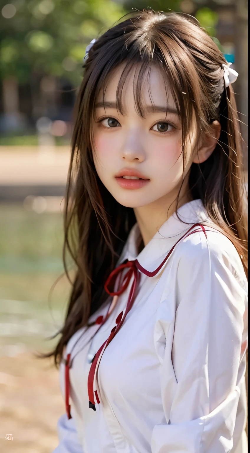 32K、High Resolution、nature光の色のグラデーション、realistic lighting in a river deep in the mountains、Soft light、 ray tracing technology 、backlight、Fine shading、Facial stereoscopic effect、Film Grain Effect、Fine details、nature、Delicate light and dark 、 sharp details、top quality realistic texture、 smooth, Glowing Skin、 delicately express pores and fine hairs 、A nature pale pink complexion on the cheeks、black and straight hair、 shoulder length、 bangs reach the eyebrows 、 each hair is drawn in detail 、Has a nature shine、 where the light shines 、Big brown eyes、 pattern of irises is also drawn in detail .、Her pupils are clearly visible and in the center、 light shining through a window is reflected in the eye 、 reflection of light gives the eyes a little shine 、 You can see thin blood vessels in the white of the eye around the pupil .、Adding realism、 Each long eyelash is carefully drawn .、natureな形の眉毛、The flow of her hair is clearly visible、With a bright smile、 white teeth visible、Lips are naturely pink、 The expression of texture and luster is realistic 、 have slight shadows on the edge of the lips 、 There is a red ribbon tied properly on the collar of the uniform that gives a three-dimensional effect 、 subtle reflection of light is drawn on the surface of the teeth .、 have a healthy pink color 、 smooth jaw and beautiful face line、 there is a slight sting under the chin 。、The boundary with the neck is drawn naturely.、 fine muscle lines are drawn on the neck .、Healthy impression、 white blouse and dark blue sailor suit 、 There is a red ribbon tied properly on the collar of the uniform.、 The texture and wrinkles of the clothing are drawn in detail