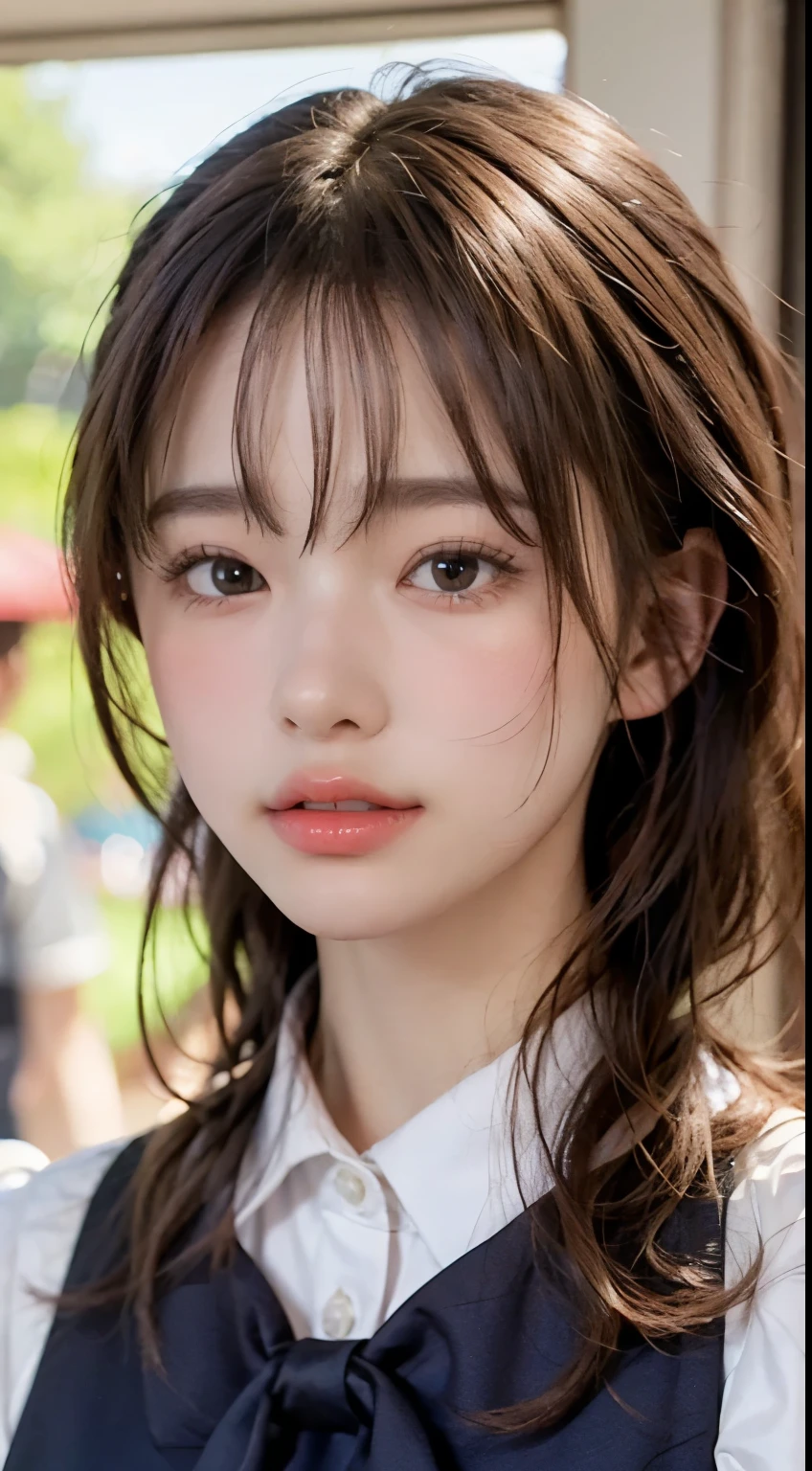 32K、High Resolution、nature光の色のグラデーション、realistic lighting in a river deep in the mountains、Soft light、 ray tracing technology 、backlight、Fine shading、Facial stereoscopic effect、Film Grain Effect、Fine details、nature、Delicate light and dark 、 sharp details、top quality realistic texture、 smooth, Glowing Skin、 delicately express pores and fine hairs 、A nature pale pink complexion on the cheeks、black and straight hair、 shoulder length、 bangs reach the eyebrows 、 each hair is drawn in detail 、Has a nature shine、 where the light shines 、Big brown eyes、 pattern of irises is also drawn in detail .、Her pupils are clearly visible and in the center、 light shining through a window is reflected in the eye 、 reflection of light gives the eyes a little shine 、 You can see thin blood vessels in the white of the eye around the pupil .、Adding realism、 Each long eyelash is carefully drawn .、natureな形の眉毛、The flow of her hair is clearly visible、With a bright smile、 white teeth visible、Lips are naturely pink、 The expression of texture and luster is realistic 、 have slight shadows on the edge of the lips 、 There is a red ribbon tied properly on the collar of the uniform that gives a three-dimensional effect 、 subtle reflection of light is drawn on the surface of the teeth .、 have a healthy pink color 、 smooth jaw and beautiful face line、 there is a slight sting under the chin 。、The boundary with the neck is drawn naturely.、 fine muscle lines are drawn on the neck .、Healthy impression、 white blouse and dark blue sailor suit 、 There is a red ribbon tied properly on the collar of the uniform.、 The texture and wrinkles of the clothing are drawn in detail