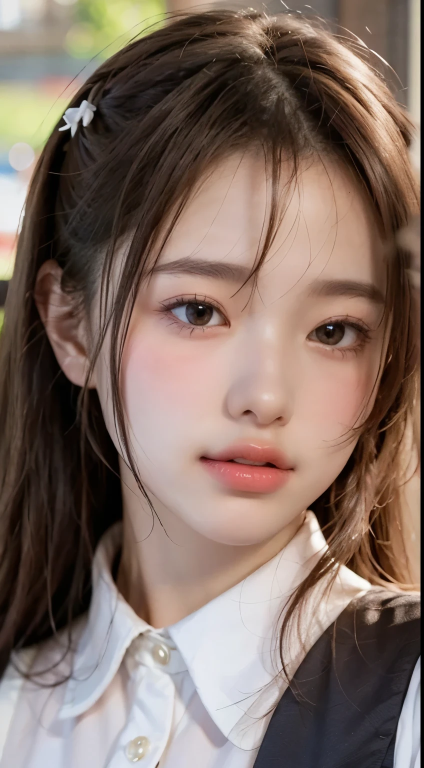 32K、High Resolution、nature光の色のグラデーション、realistic lighting in a river deep in the mountains、Soft light、 ray tracing technology 、backlight、Fine shading、Facial stereoscopic effect、Film Grain Effect、Fine details、nature、Delicate light and dark 、 sharp details、top quality realistic texture、 smooth, Glowing Skin、 delicately express pores and fine hairs 、A nature pale pink complexion on the cheeks、black and straight hair、 shoulder length、 bangs reach the eyebrows 、 each hair is drawn in detail 、Has a nature shine、 where the light shines 、Big brown eyes、 pattern of irises is also drawn in detail .、Her pupils are clearly visible and in the center、 light shining through a window is reflected in the eye 、 reflection of light gives the eyes a little shine 、 You can see thin blood vessels in the white of the eye around the pupil .、Adding realism、 Each long eyelash is carefully drawn .、natureな形の眉毛、The flow of her hair is clearly visible、With a bright smile、 white teeth visible、Lips are naturely pink、 The expression of texture and luster is realistic 、 have slight shadows on the edge of the lips 、 There is a red ribbon tied properly on the collar of the uniform that gives a three-dimensional effect 、 subtle reflection of light is drawn on the surface of the teeth .、 have a healthy pink color 、 smooth jaw and beautiful face line、 there is a slight sting under the chin 。、The boundary with the neck is drawn naturely.、 fine muscle lines are drawn on the neck .、Healthy impression、 white blouse and dark blue sailor suit 、 There is a red ribbon tied properly on the collar of the uniform.、 The texture and wrinkles of the clothing are drawn in detail