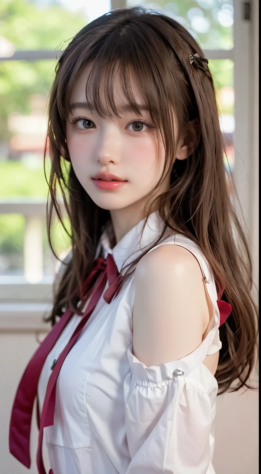 32K、High Resolution、nature光の色のグラデーション、realistic lighting in a river deep in the mountains、Soft light、 ray tracing technology 、backlight、Fine shading、Facial stereoscopic effect、Film Grain Effect、Fine details、nature、Delicate light and dark 、 sharp details、top quality realistic texture、 smooth, Glowing Skin、 delicately express pores and fine hairs 、A nature pale pink complexion on the cheeks、black and straight hair、 shoulder length、 bangs reach the eyebrows 、 each hair is drawn in detail 、Has a nature shine、 where the light shines 、Big brown eyes、 pattern of irises is also drawn in detail .、Her pupils are clearly visible and in the center、 light shining through a window is reflected in the eye 、 reflection of light gives the eyes a little shine 、 You can see thin blood vessels in the white of the eye around the pupil .、Adding realism、 Each long eyelash is carefully drawn .、natureな形の眉毛、The flow of her hair is clearly visible、With a bright smile、 white teeth visible、Lips are naturely pink、 The expression of texture and luster is realistic 、 have slight shadows on the edge of the lips 、 There is a red ribbon tied properly on the collar of the uniform that gives a three-dimensional effect 、 subtle reflection of light is drawn on the surface of the teeth .、 have a healthy pink color 、 smooth jaw and beautiful face line、 there is a slight sting under the chin 。、The boundary with the neck is drawn naturely.、 fine muscle lines are drawn on the neck .、Healthy impression、 white blouse and dark blue sailor suit 、 There is a red ribbon tied properly on the collar of the uniform.、 The texture and wrinkles of the clothing are drawn in detail