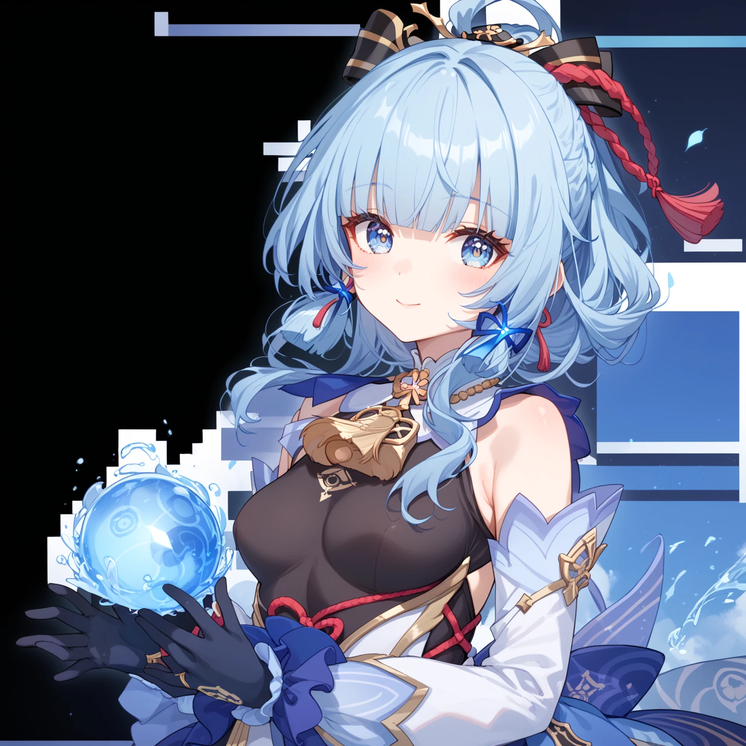 A woman with blue hair and a blue dress has a blue sphere,  Ayaka from Genshin Impact , portrait  a knight girl of the zodiac ,  Ayaka from Genshin Impact ゲーム, Kirokaze's Pixel, Genshin Impactのキャリング,   Genshin Impact character  , genshin, Blue scales on her ,  a knight girl of the zodiac , Alchemist girl, clear and vivid RPG portrait
