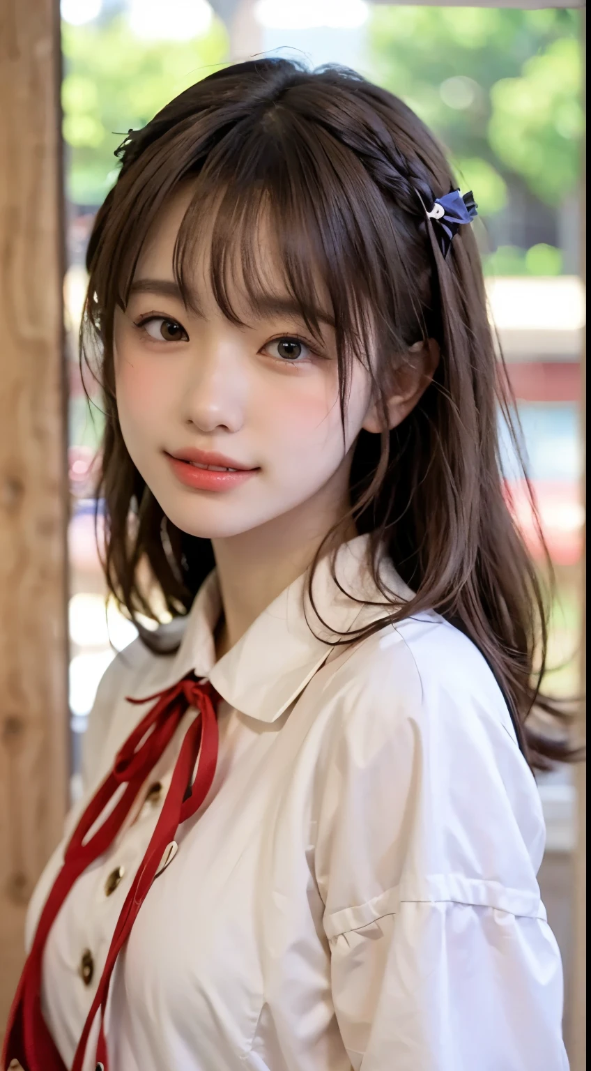 32K、High Resolution、nature光の色のグラデーション、realistic lighting in a river deep in the mountains、Soft light、 ray tracing technology 、backlight、Fine shading、Facial stereoscopic effect、Film Grain Effect、Fine details、nature、Delicate light and dark 、 sharp details、top quality realistic texture、 smooth, Glowing Skin、 delicately express pores and fine hairs 、A nature pale pink complexion on the cheeks、black and straight hair、 shoulder length、 bangs reach the eyebrows 、 each hair is drawn in detail 、Has a nature shine、 where the light shines 、Big brown eyes、 pattern of irises is also drawn in detail .、Her pupils are clearly visible and in the center、 light shining through a window is reflected in the eye 、 reflection of light gives the eyes a little shine 、 You can see thin blood vessels in the white of the eye around the pupil .、Adding realism、 Each long eyelash is carefully drawn .、natureな形の眉毛、The flow of her hair is clearly visible、With a bright smile、 white teeth visible、Lips are naturely pink、 The expression of texture and luster is realistic 、 have slight shadows on the edge of the lips 、 There is a red ribbon tied properly on the collar of the uniform that gives a three-dimensional effect 、 subtle reflection of light is drawn on the surface of the teeth .、 have a healthy pink color 、 smooth jaw and beautiful face line、 there is a slight sting under the chin 。、The boundary with the neck is drawn naturely.、 fine muscle lines are drawn on the neck .、Healthy impression、 white blouse and dark blue sailor suit 、 There is a red ribbon tied properly on the collar of the uniform.、 The texture and wrinkles of the clothing are drawn in detail