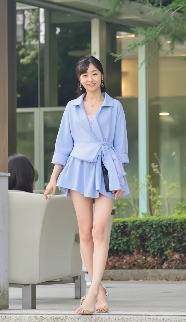 neat college girl、petite person、(Small yukata)、Outside the field、(Slimed、small tit、flat boobs、small boobs)、Photorealsitic、detaileds, Skin texture, ultra-detailliert、Delicate and sexy collarbone、a smile、Super detailed face、detailed lips、A detailed eye、二重まぶた、Sitting on legs bending the knees、squatting、White panties are visible from the skirt、sexy pose