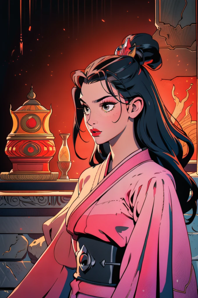 Blood red room, Flashing white TV screen, BUDDHA STATUE, cabelos preto e longos, with hair dishevelled, Cover one eye and face, Bright red eyes, Wearing a white transparent robe, Looming full breasts,liquor,Devil, reaching out her hands,Straighten your body, Red nails are exposed, Pinch the camera, hyper HD, Anatomically correct, Textured skin, Super detail, High details, High quality, A high resolution, 8K, hyper HD, Anatomically correct, Textured skin, Super detail, High details, High quality, Best quality, 8K,Leishnampo,Room 2,Horror