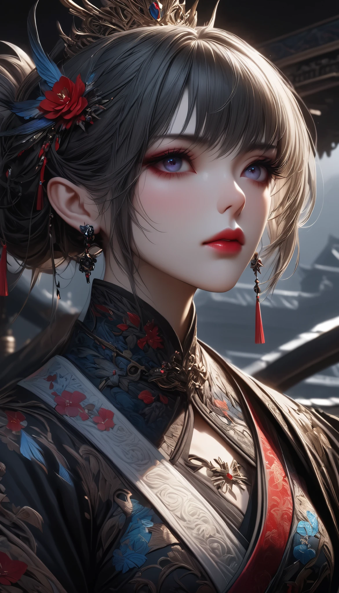 (best quality,4k,8k,highres,masterpiece:1.2),ultra-detailed,(realistic,photorealistic,photo-realistic),dramatic lighting,cinematic composition,melancholic,emotional,powerful,impactful, Regal gorgeous chinese Princess [[ultra detailed Chinese royal dress with intricate details]], chinese features, extremely detailed ultra high res eyes, beautifully detailed lips, extremely detailed face, long eyelashes, 1girl, solo, evil expression, Dark dramatic atmosphere, moody, cinematic, somber, high contrast, High fantasy, Palace,
