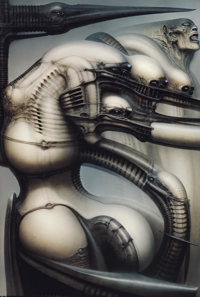 extreme close-up, RAW photo in style, (horror creature's face:1.2) by hnsrdlf, (biomachinery:1.3), nsfw, legs, ass, belly, breasts, tongues, bones, (insect legs:1.2), tubes, pistons, greeble, intricate ornament, skin detail,  (underexposed:0.7), (shiny highlight:1.0), high contrast studio lighting, creepy, wet, shiny, hyper realism