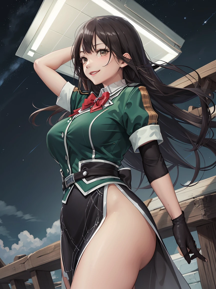 Adult woman, long black hair with Green line in the middle, white shirt with a shoulder strap, short green skirt with gold trim, sitting facing the desert
