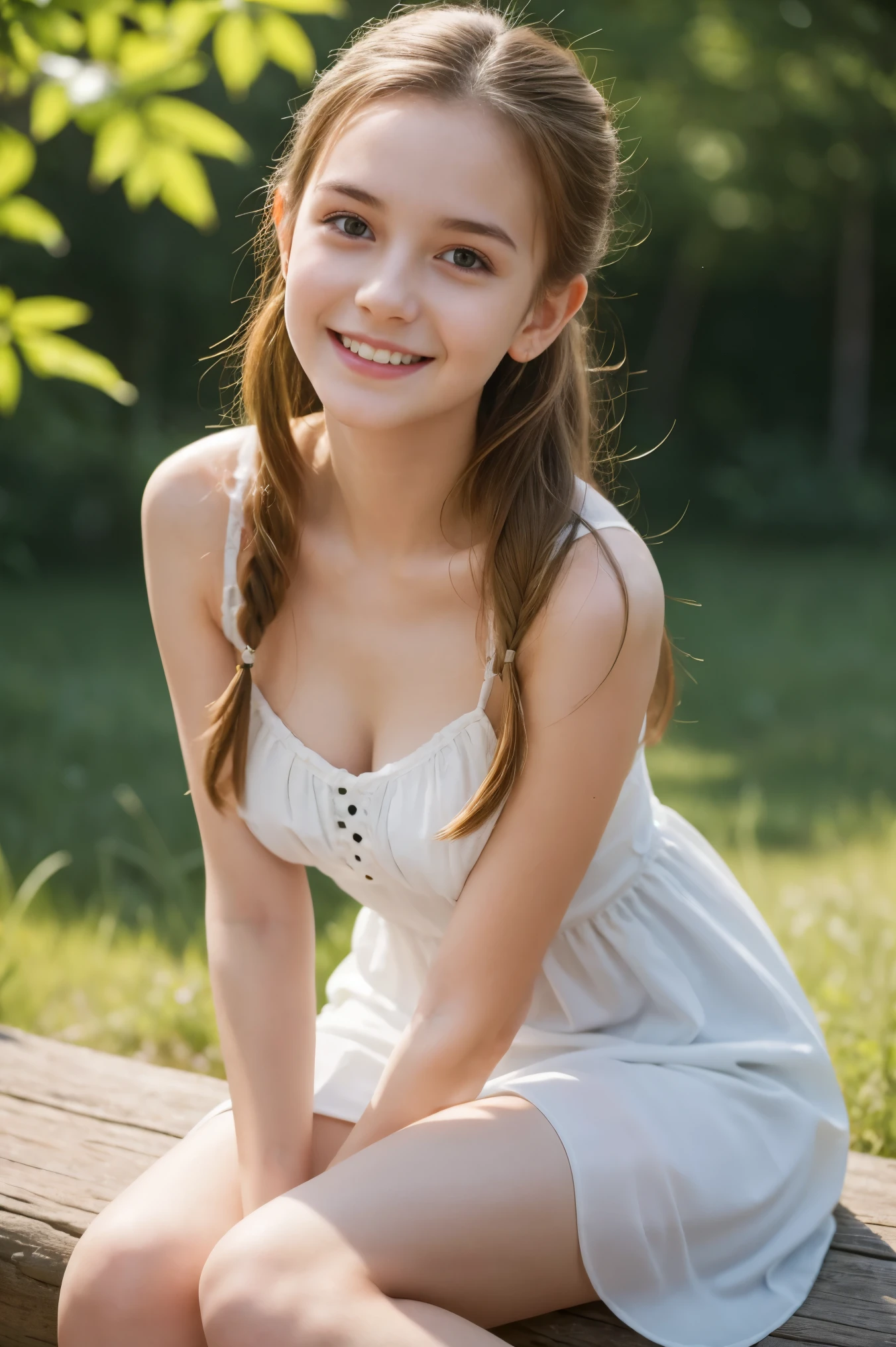 Masterpiece, Best quality, 8k, 18 years old, University student, Photo brute, absurdes, Award-winning portrait, sourire, sourire, pure, Russian, happy smile, sitting, revealing, beautiful hair, nature, summer dress, beautiful waist, gorgeous, stunning beauty, ponytail, youthful