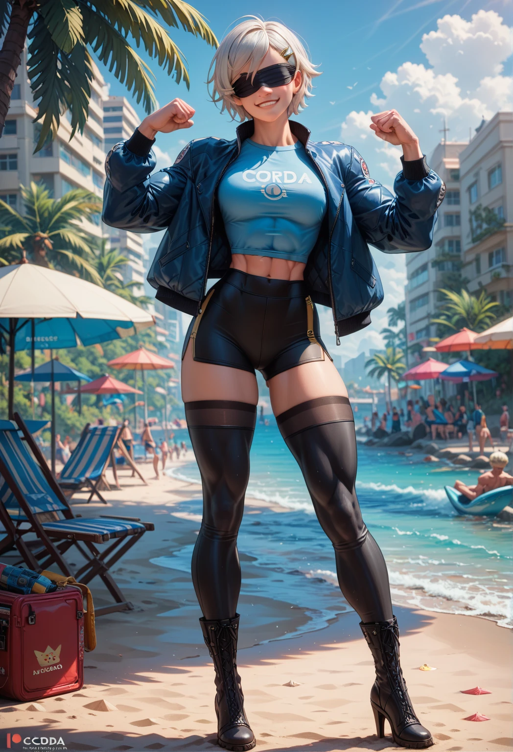 gorgeous woman, full body shot, assassin, standing on a dock, atompunk