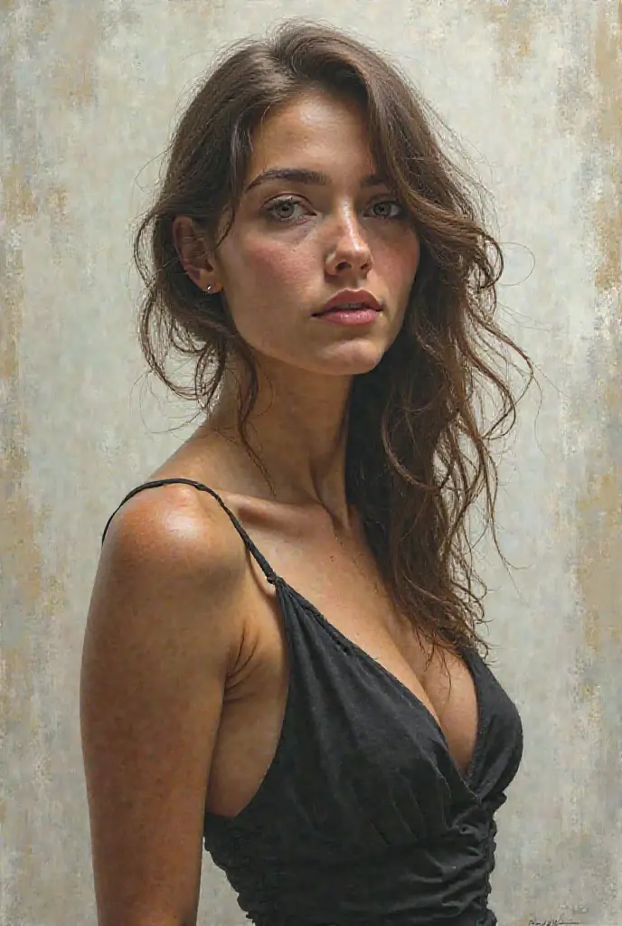  a brown-haired woman, dark eyes, wearing a black dress, photorealistic.