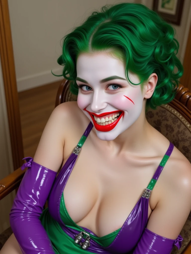 Create the image of a sexy female and very beautiful character dressed as a jester (jester or jester) with a more realistic and human appearance, and a sexy touch. The character must have a vibrant and colorful jester costume, but with a jester hat with ornamental bells. She should have a more seductive and confident pose, against a festive background with gold coins or a casino environment. The overall look should maintain the playful essence of a joker, but with a more human and sexy approach, highlighting your sensuality.
